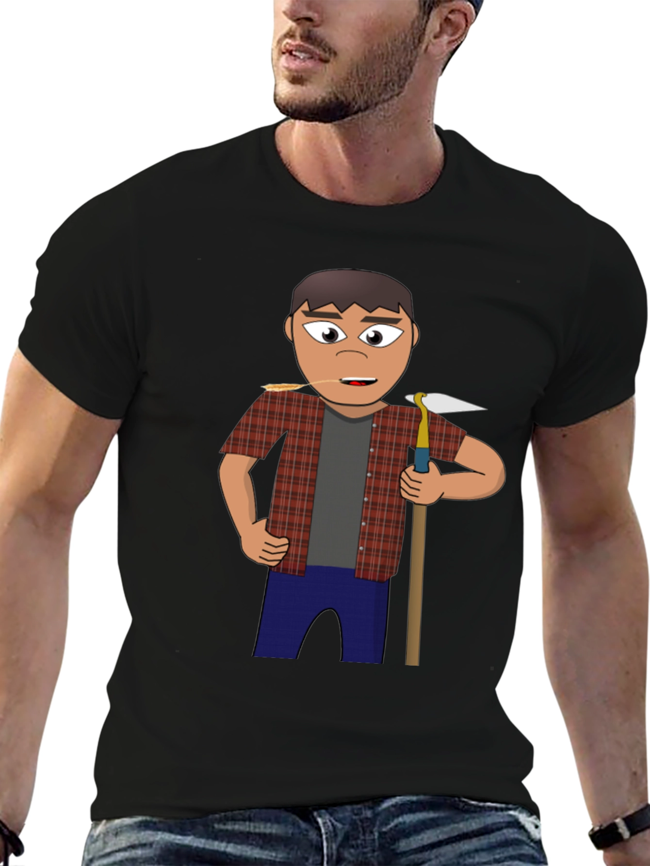 Cartoon Farmer Graphic Tee - Black Unisex Shirt
