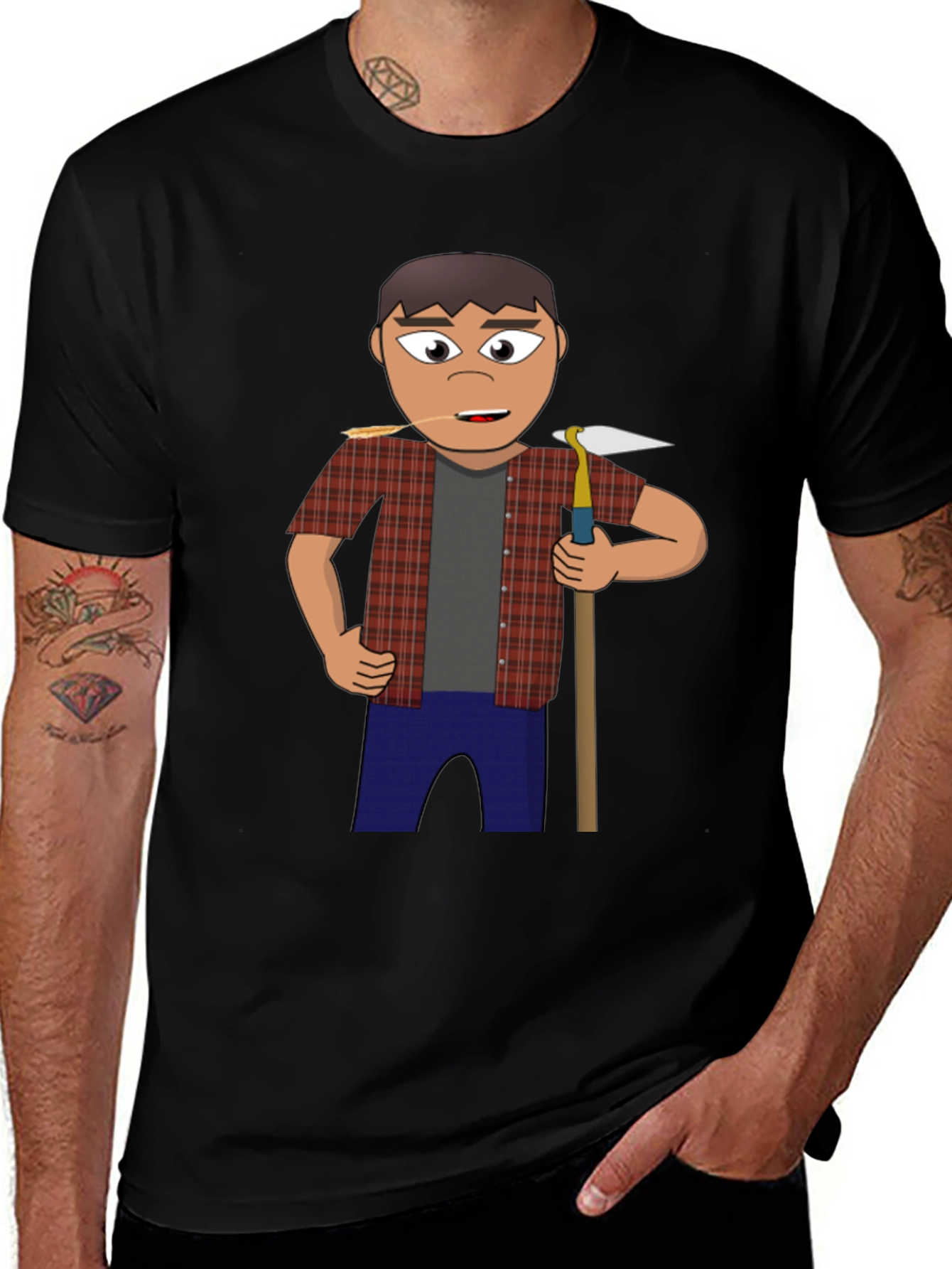 Cartoon Farmer Graphic Tee - Black Unisex Shirt