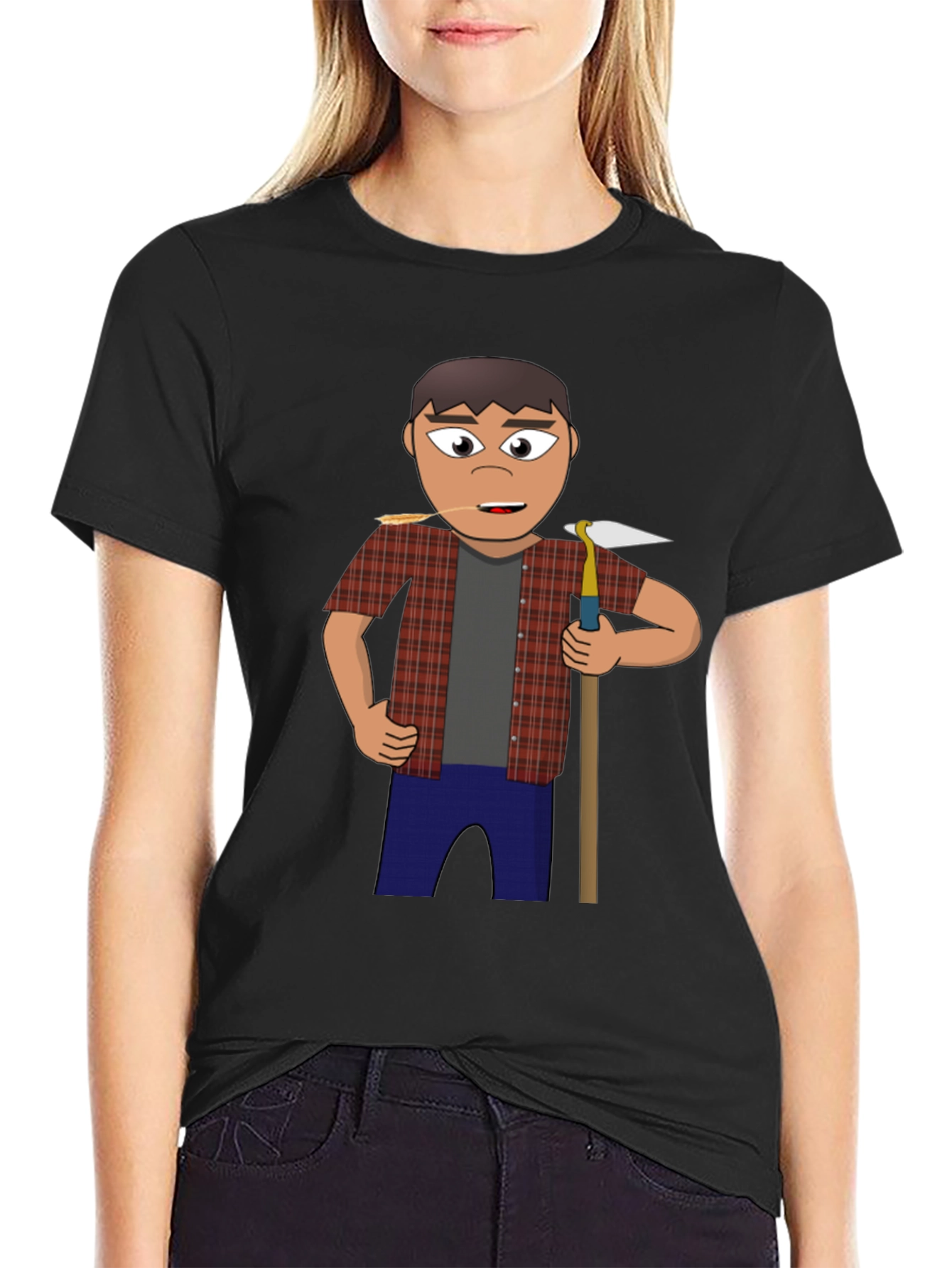 Cartoon Farmer Graphic Tee - Black Unisex Shirt
