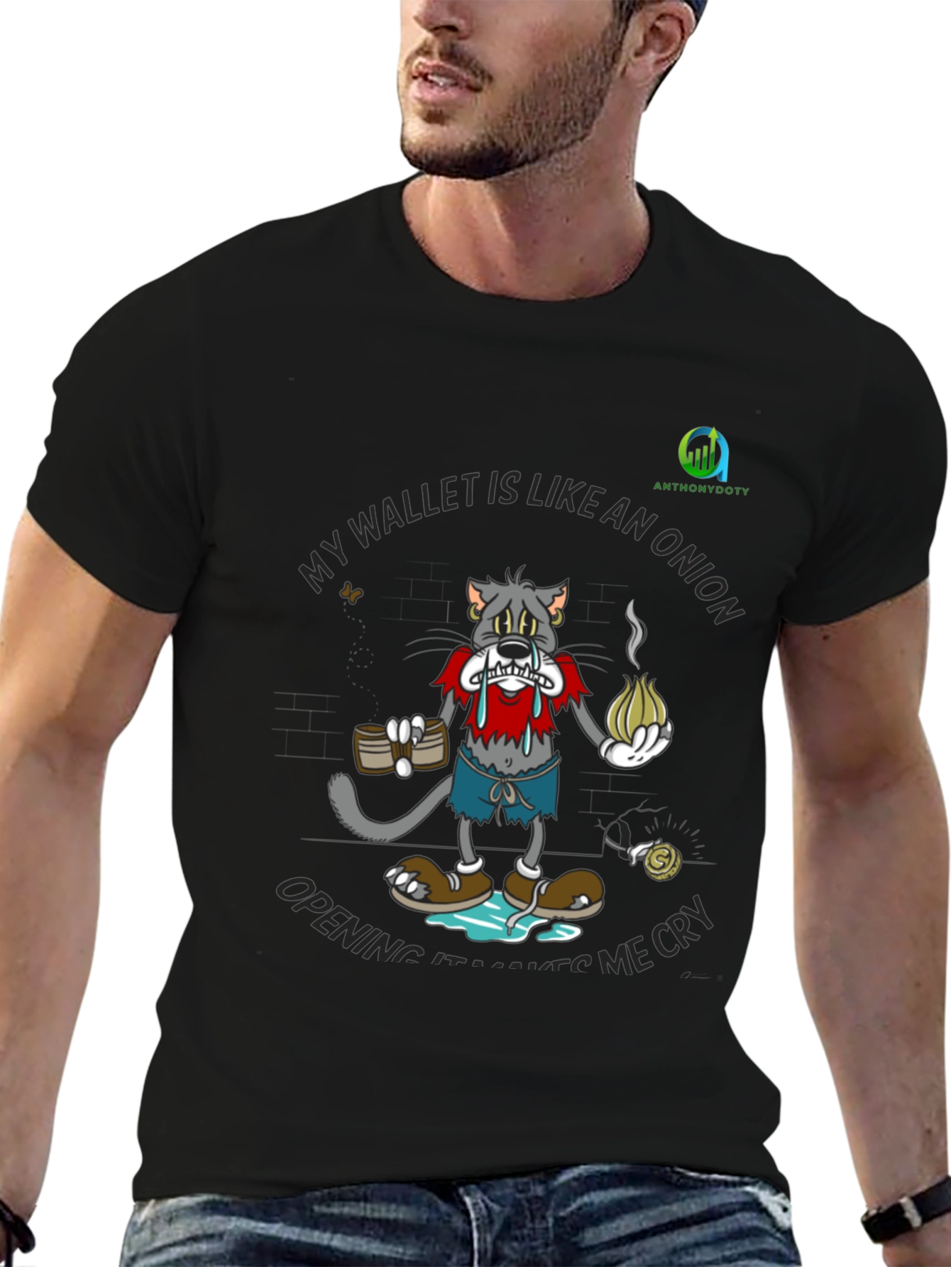 Sad Cat Onion Wallet Black T-Shirt
