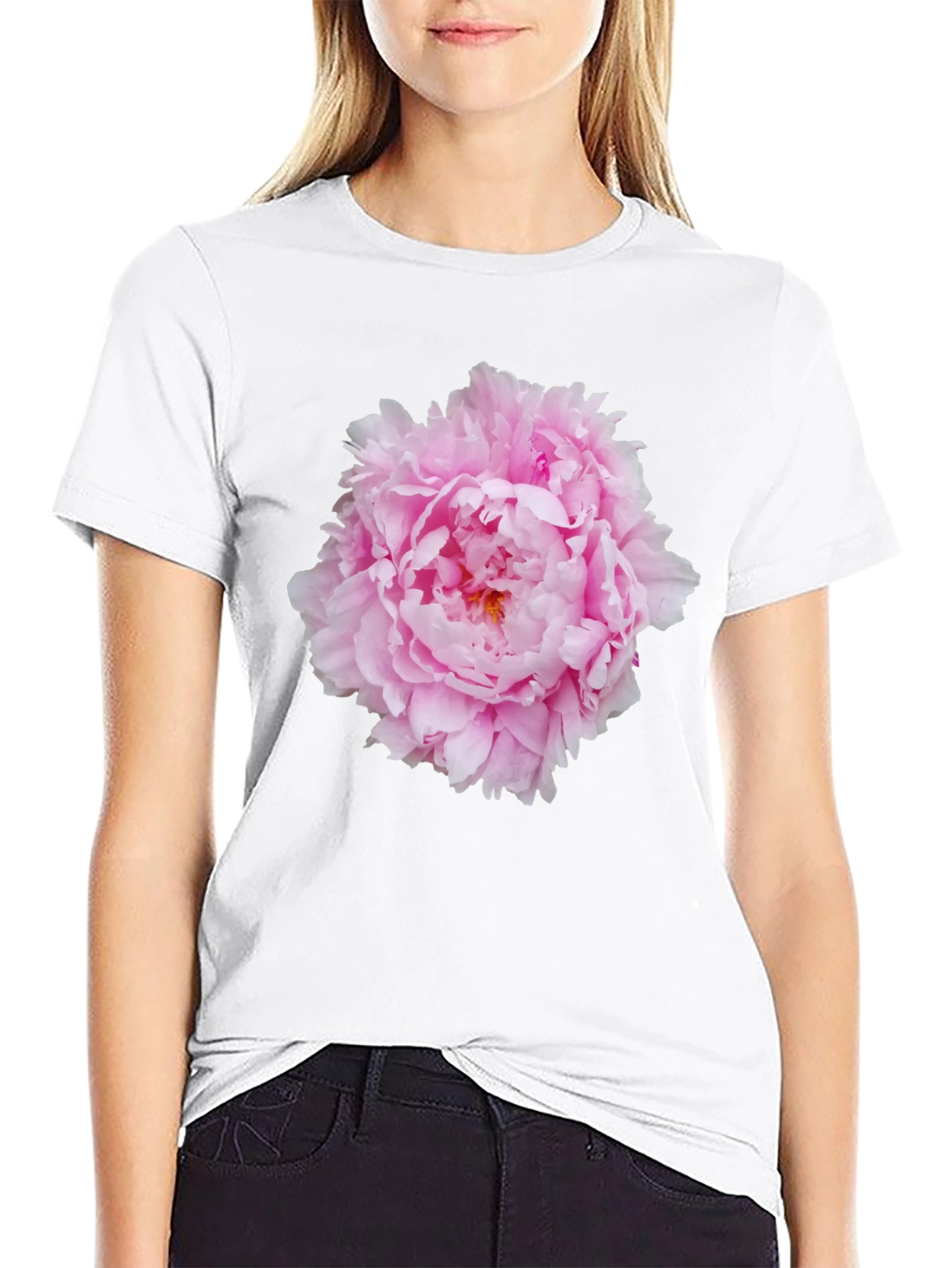 Pink Peony Flower Black T-Shirt
