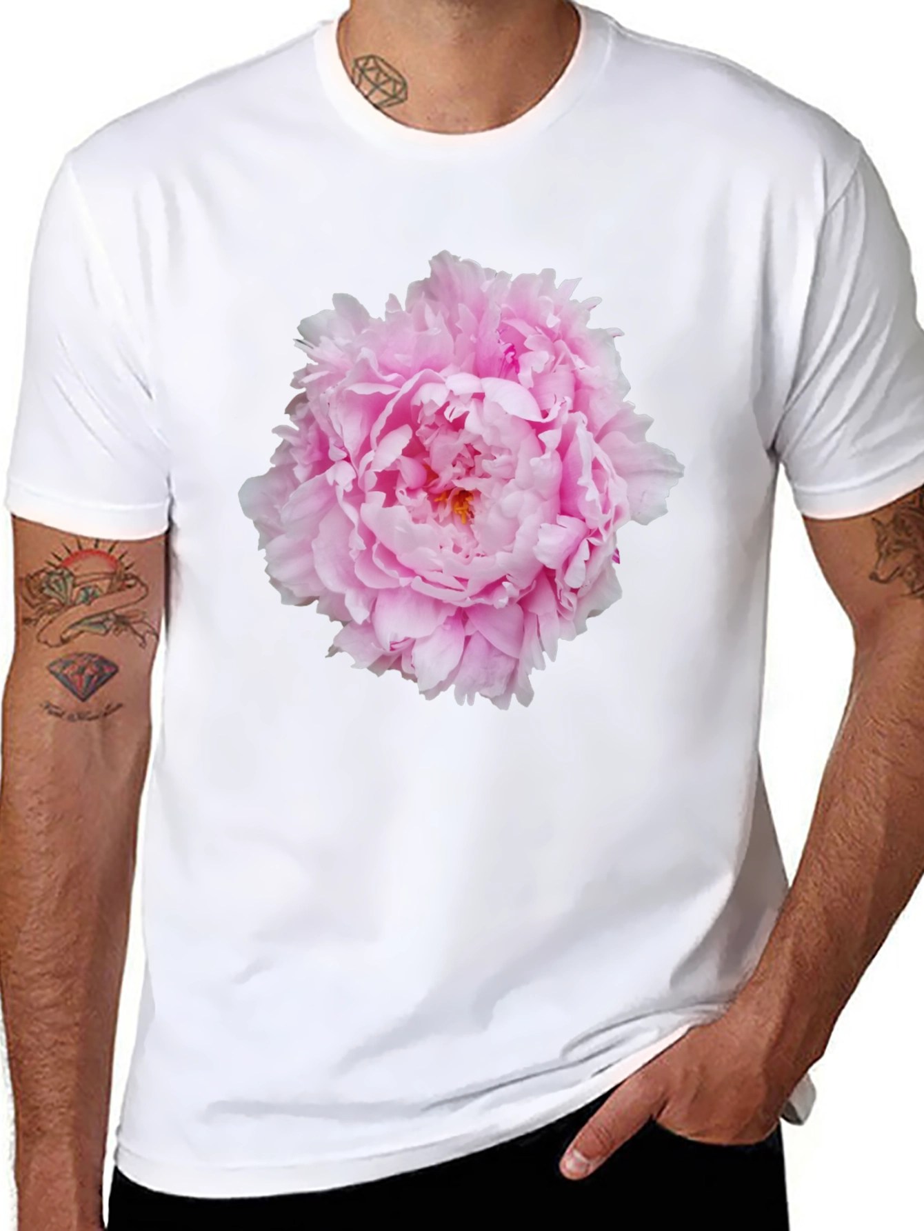 Pink Peony Flower Black T-Shirt