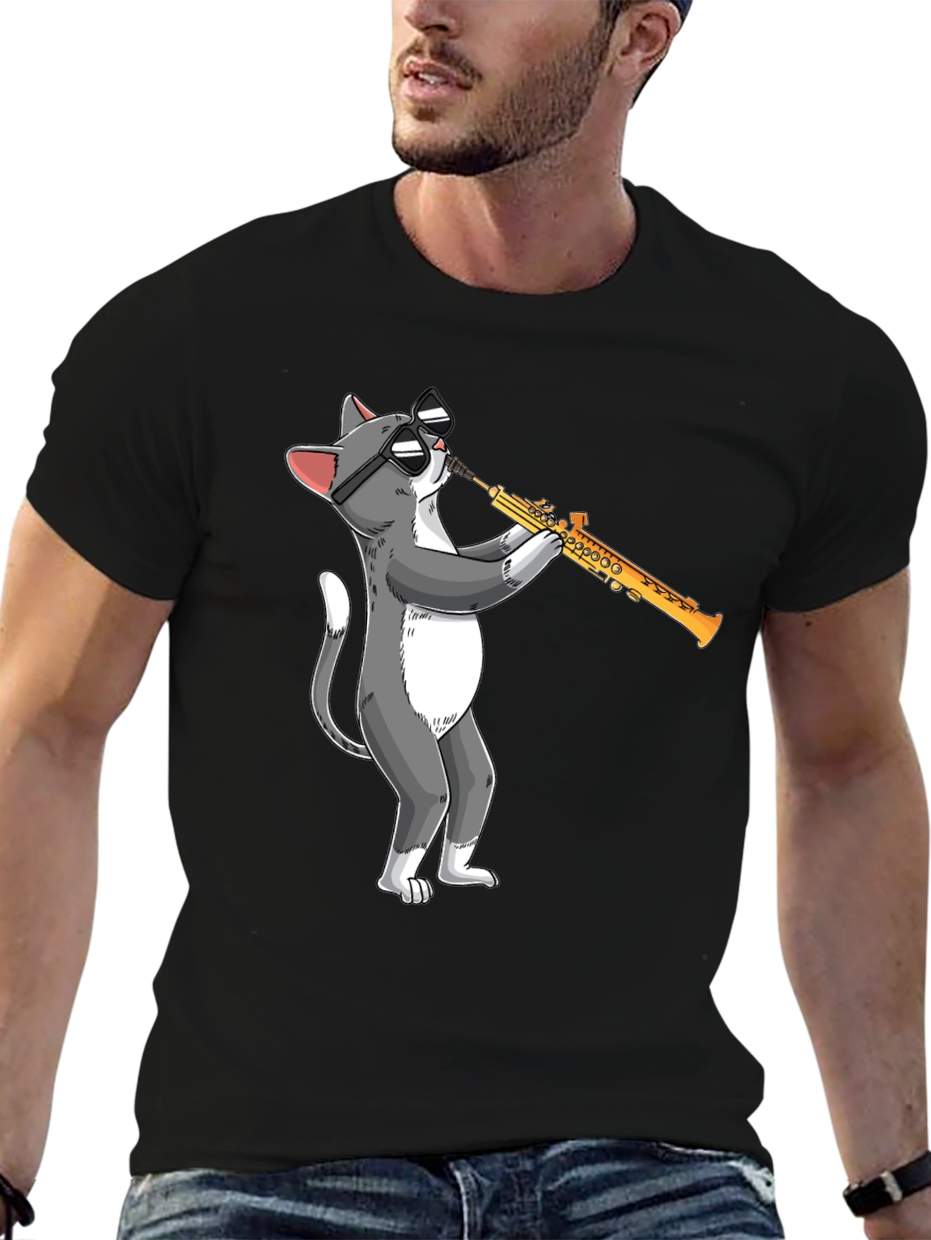 Cool Cat Saxophone T-Shirt - Playful Graphic Tee