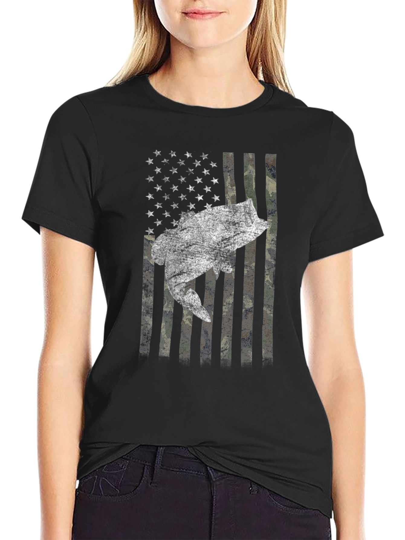 American Flag Bass Camo Mens T-Shirt