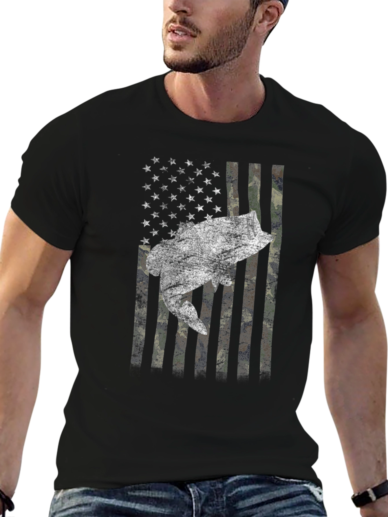 American Flag Bass Camo Mens T-Shirt