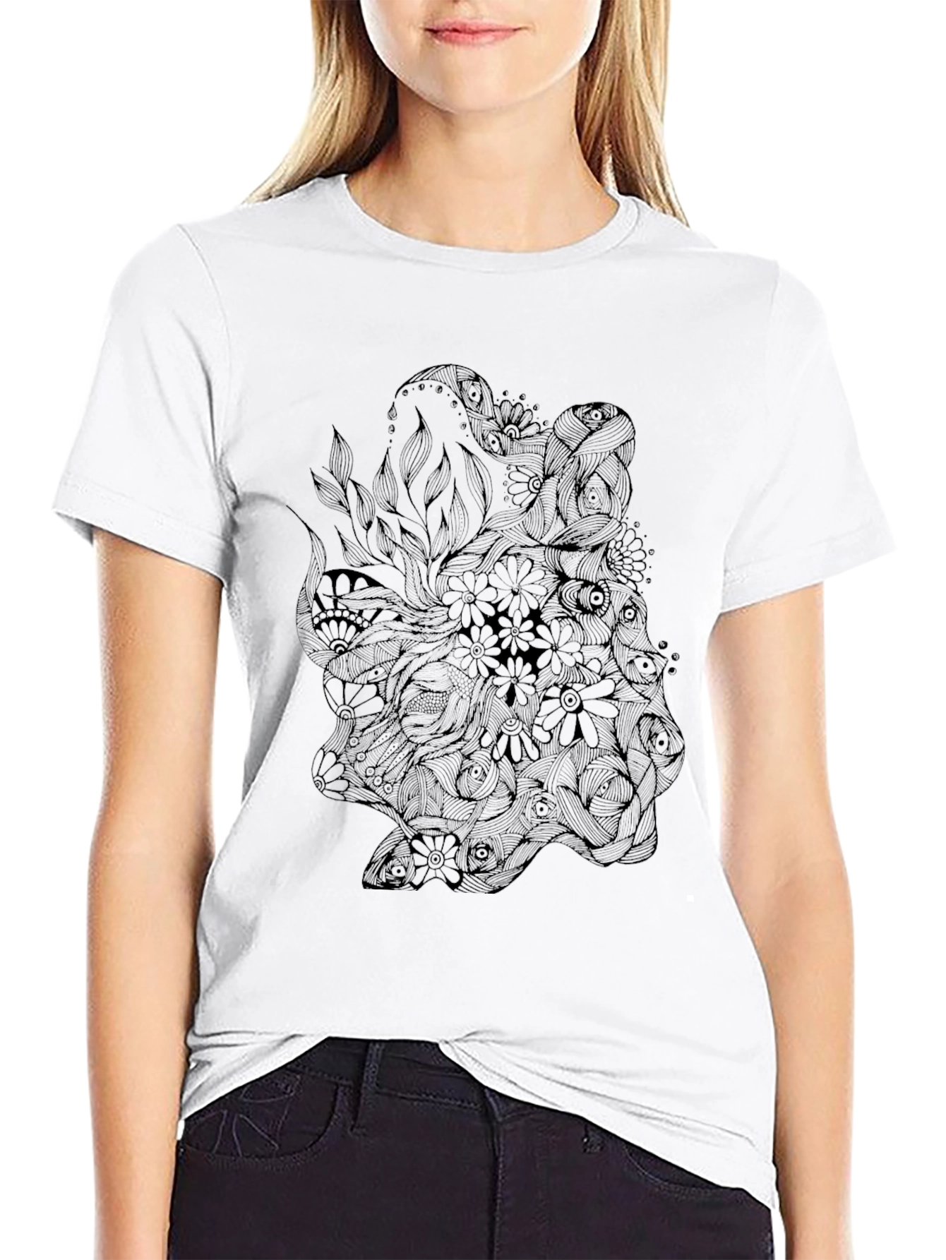 Mens Black Graphic Tee - Floral Octopus Design
