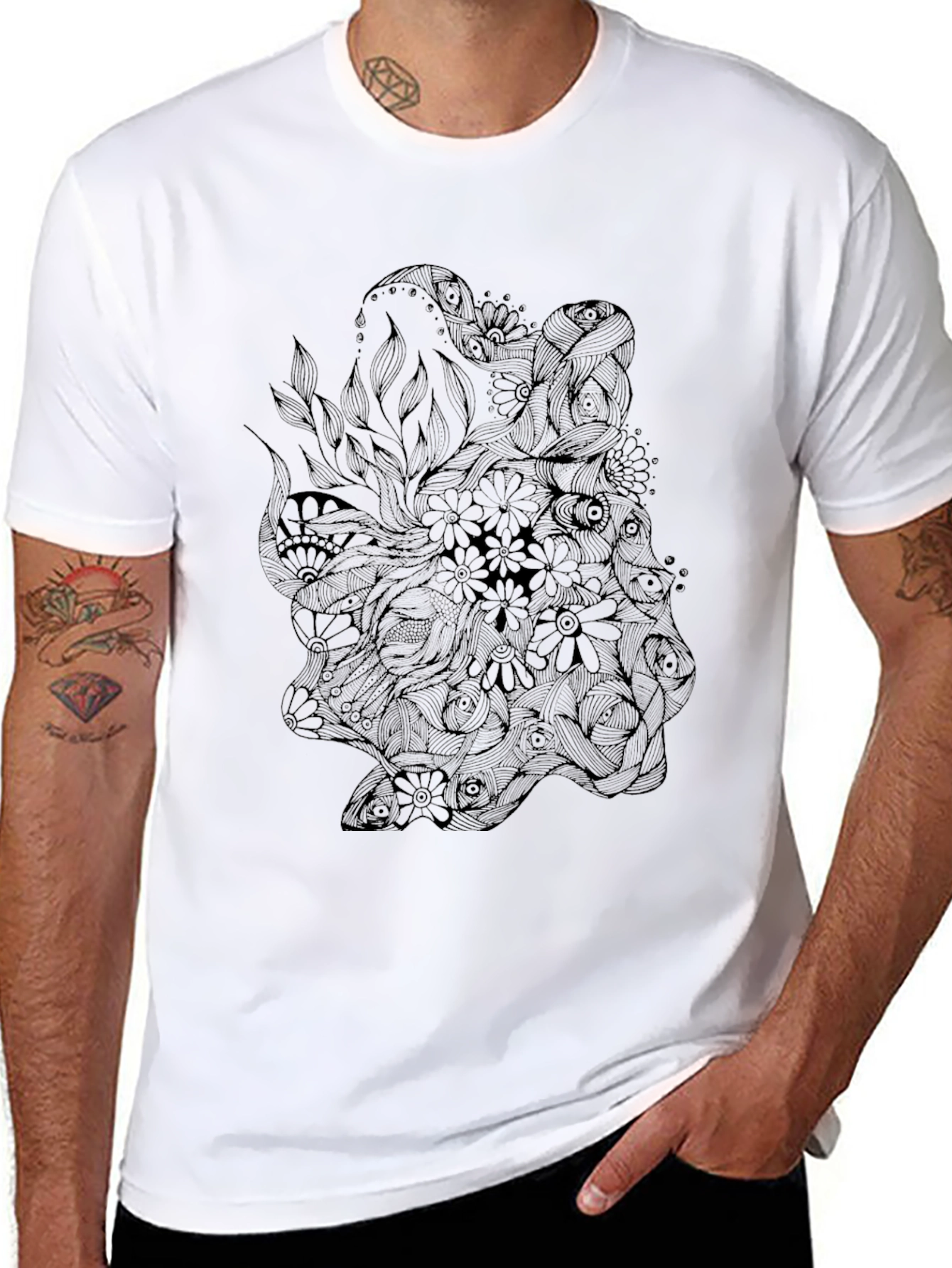 Mens Black Graphic Tee - Floral Octopus Design