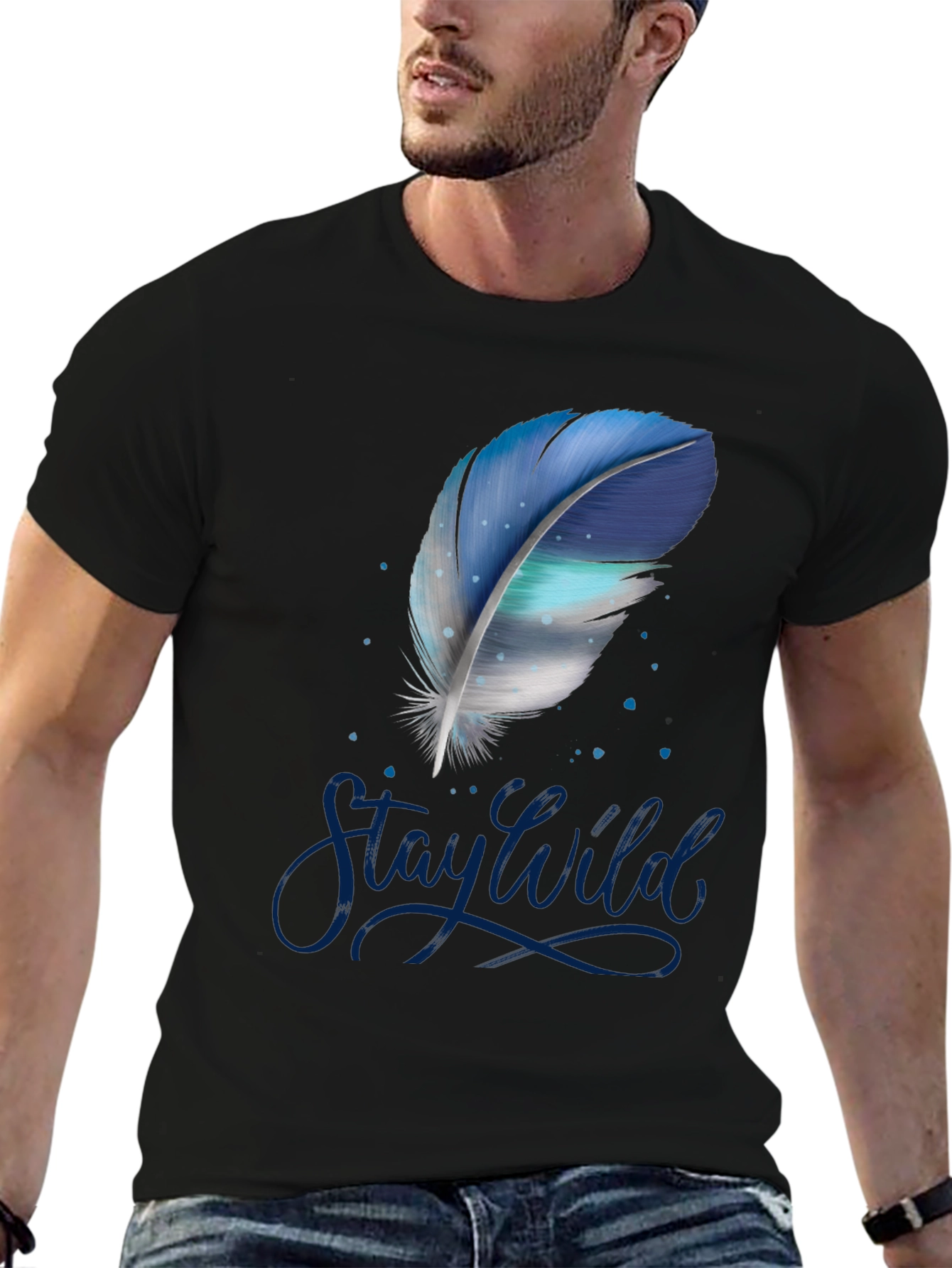 Stay Wild Feather Graphic Tee - Black Cotton T-Shirt