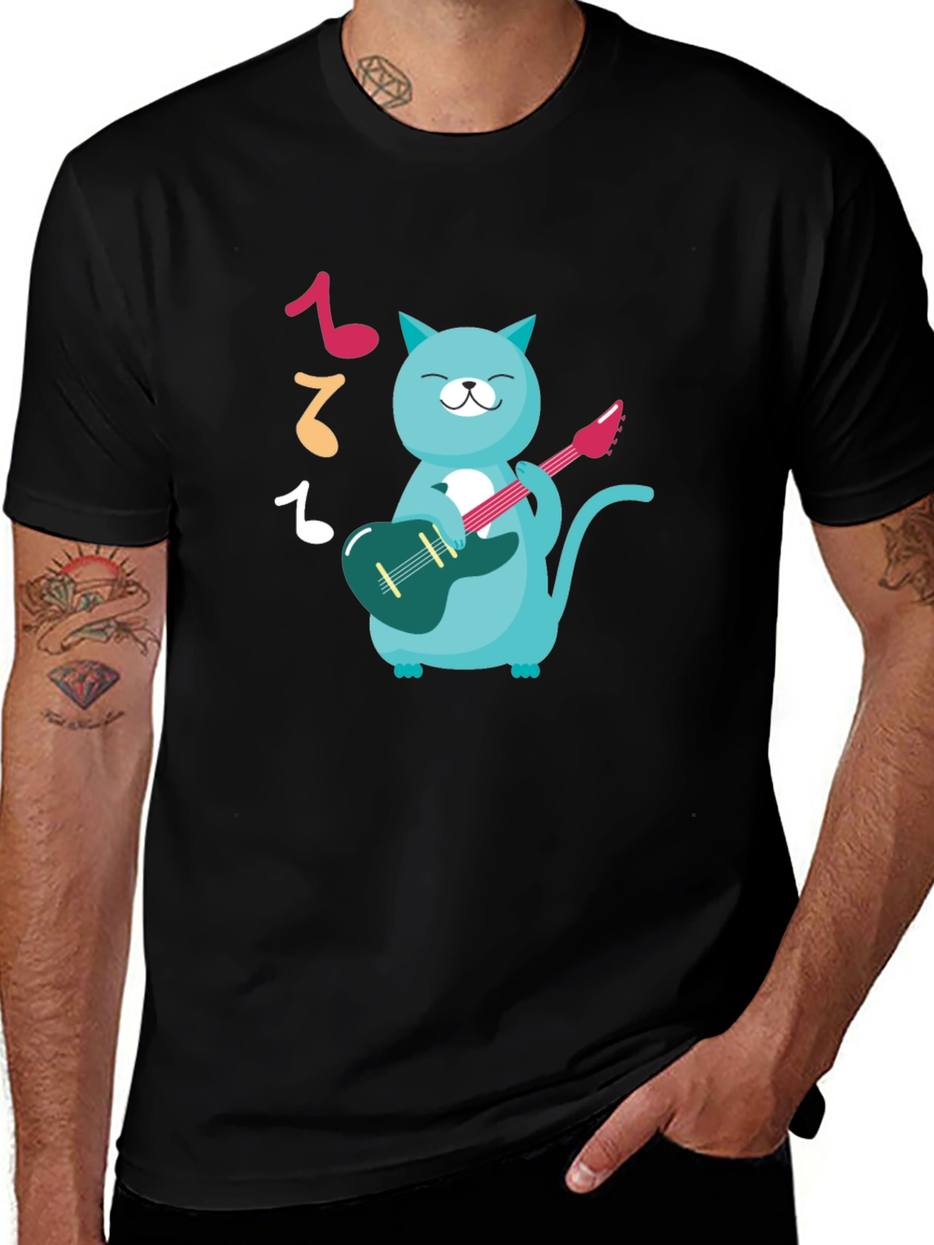 Cat Guitarist Graphic T-Shirt - Black Cotton Tee