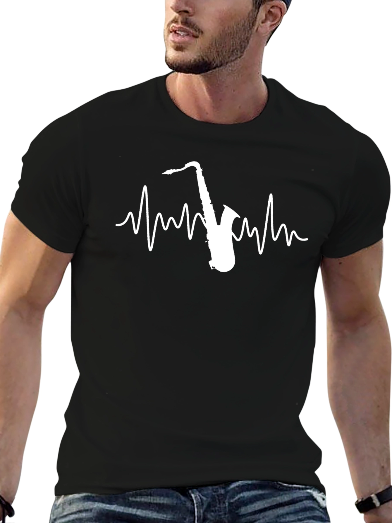 Saxophone Heartbeat Graphic Tee - Black