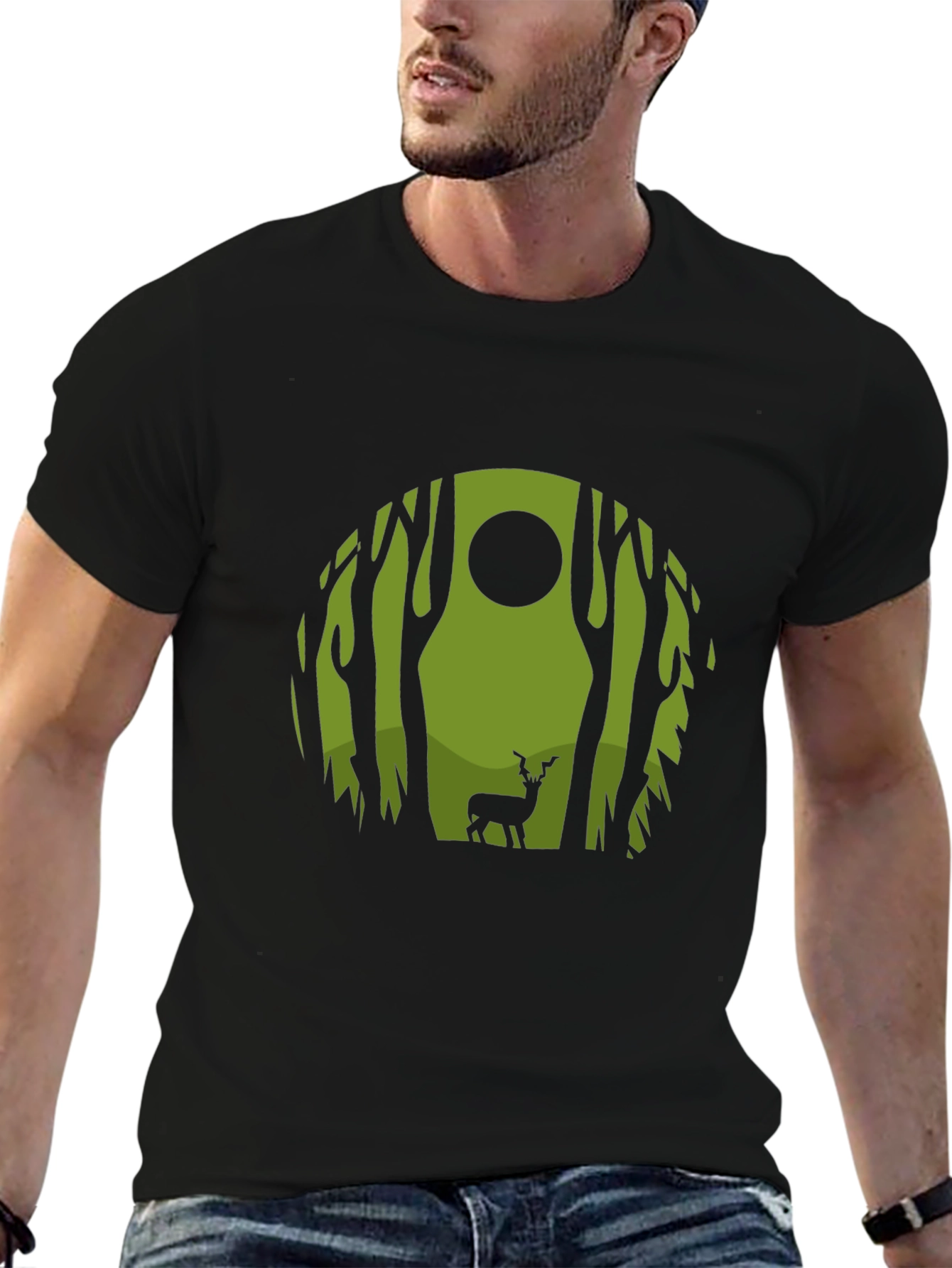 Nature Deer Graphic Tee - Black Crew Neck