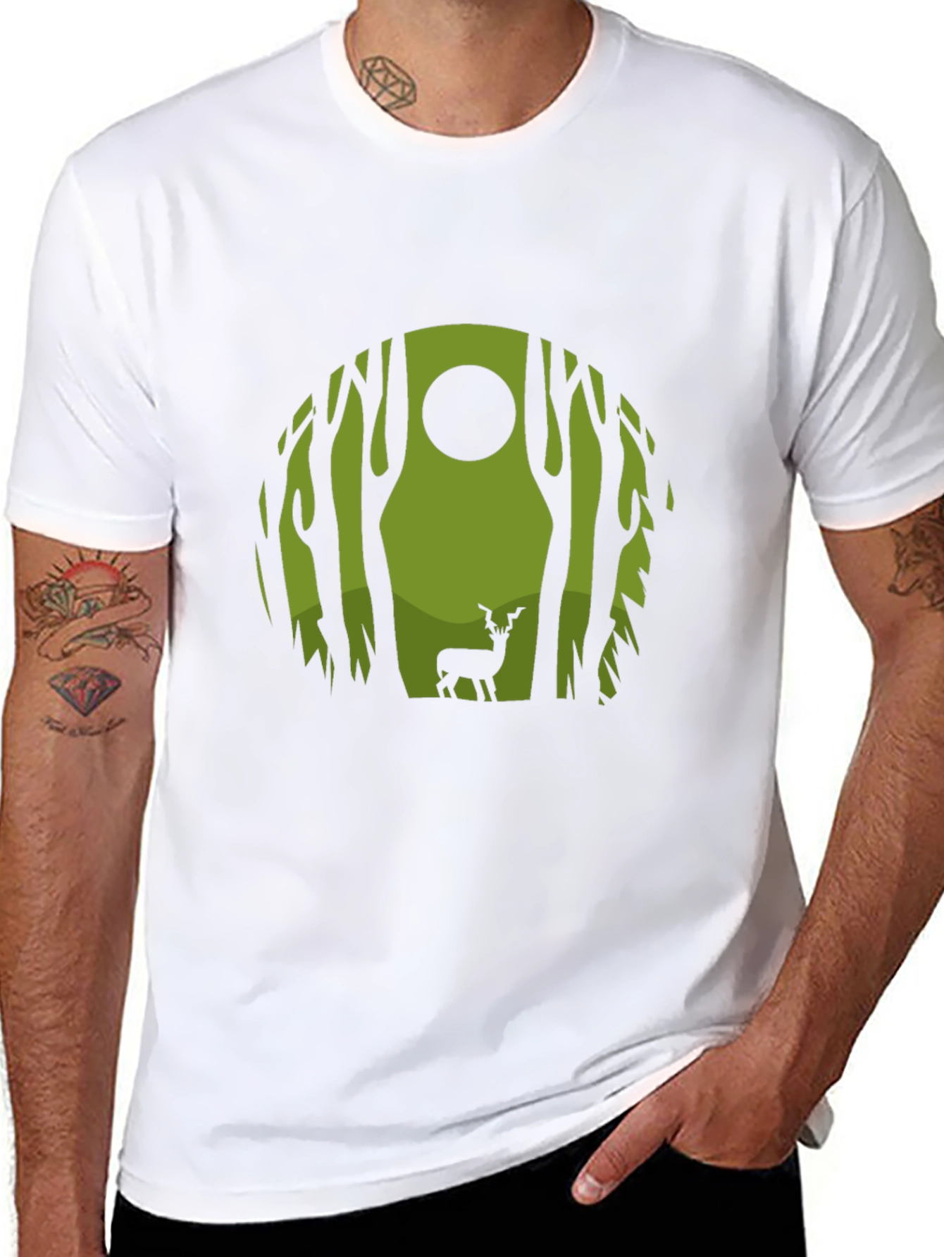 Nature Deer Graphic Tee - Black Crew Neck