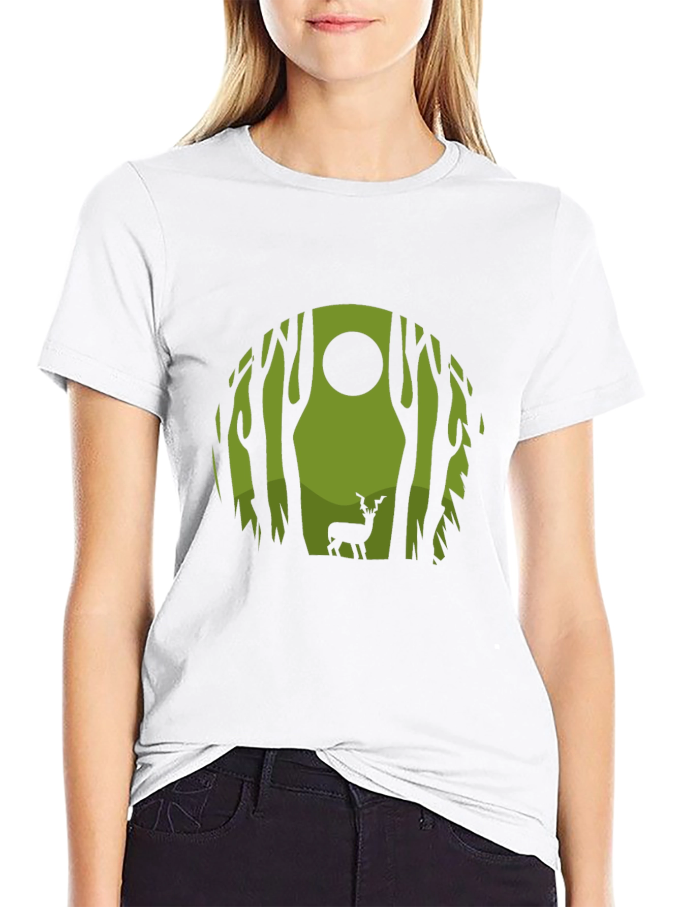 Nature Deer Graphic Tee - Black Crew Neck