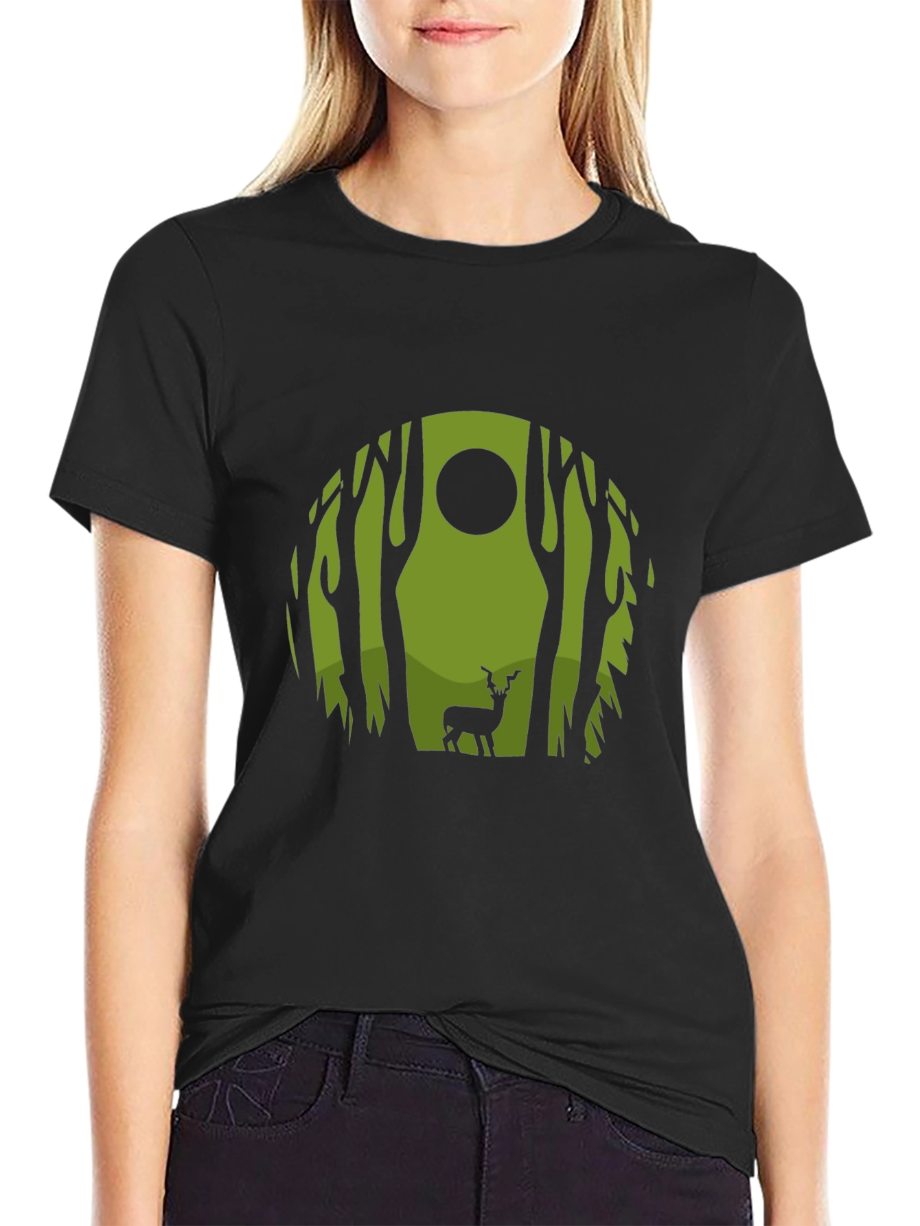 Nature Deer Graphic Tee - Black Crew Neck