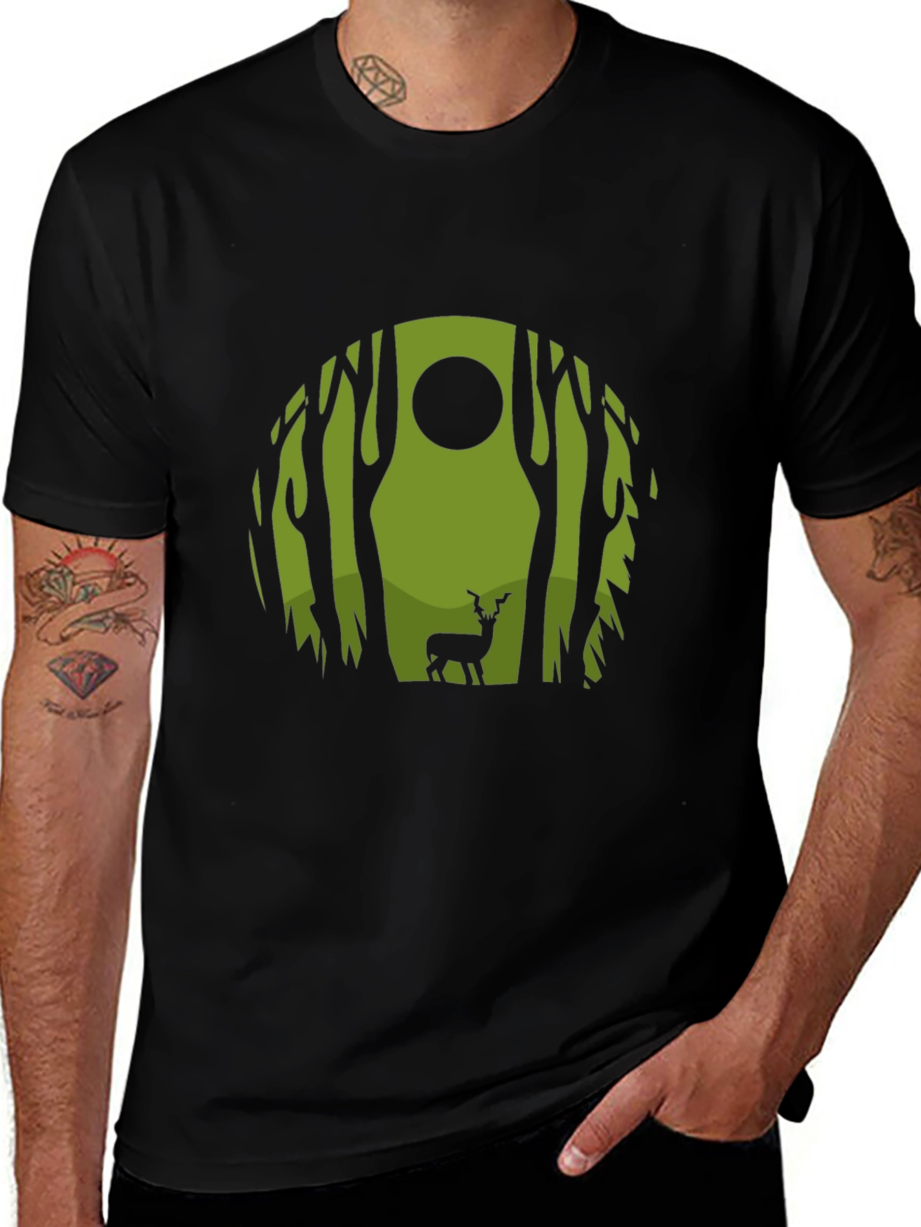 Nature Deer Graphic Tee - Black Crew Neck