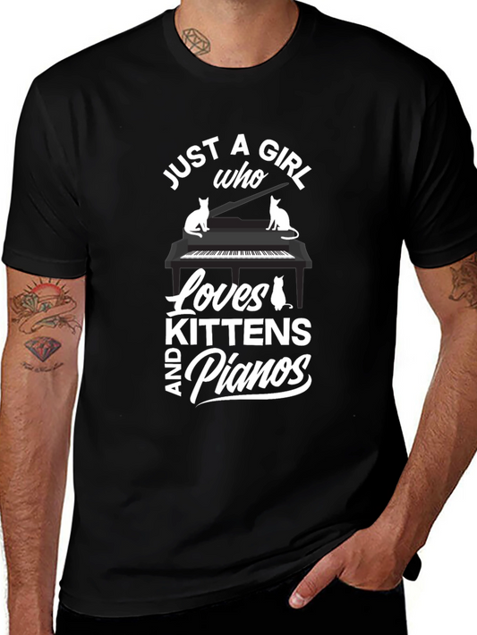 Just a Girl Who Loves Kittens and Pianos Black T-Shirt