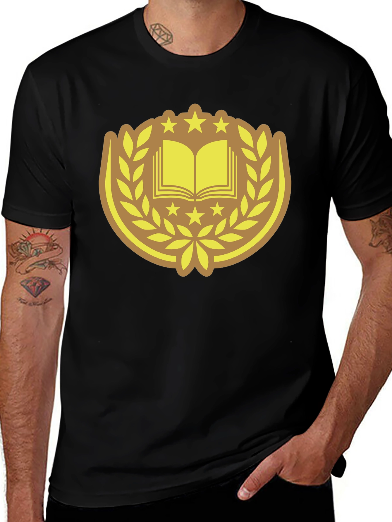 Black T-Shirt with Book & Laurel Design
