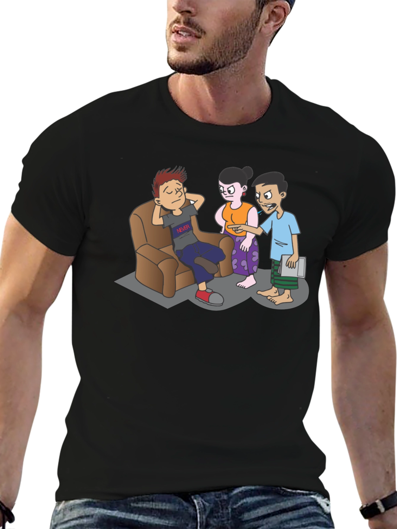 Cartoon Family Drama Black T-Shirt
