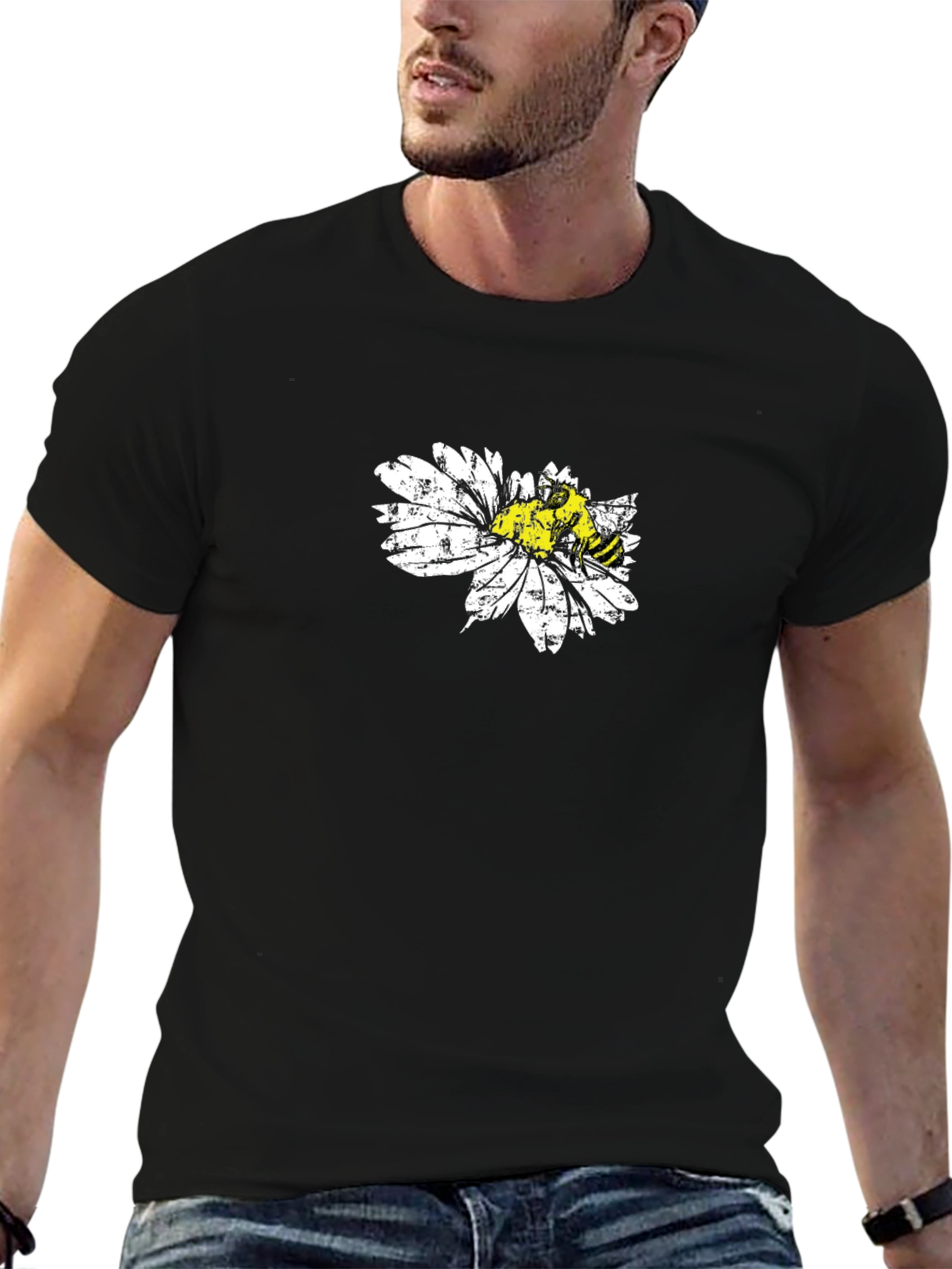 Bee on Daisy Black T-Shirt Graphic Tee