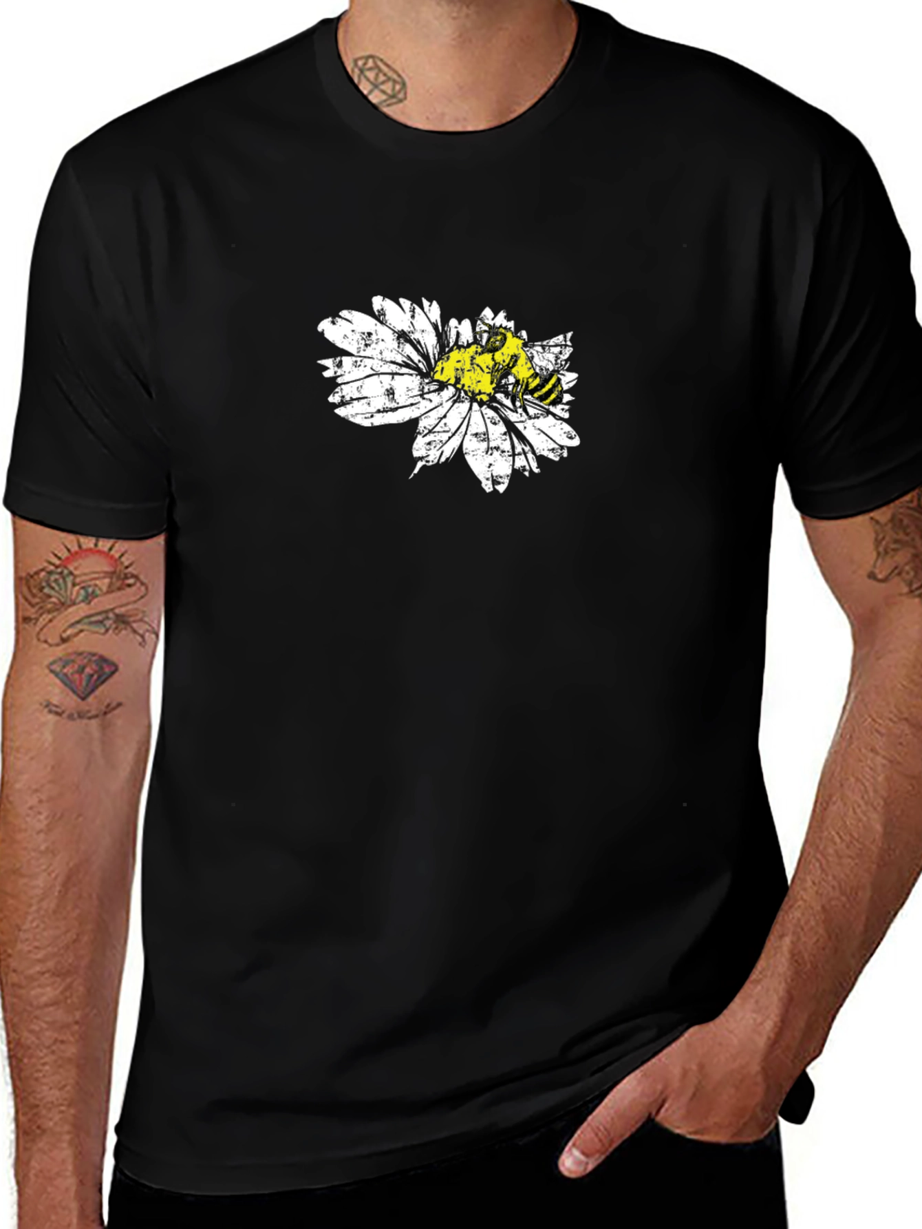 Bee on Daisy Black T-Shirt Graphic Tee