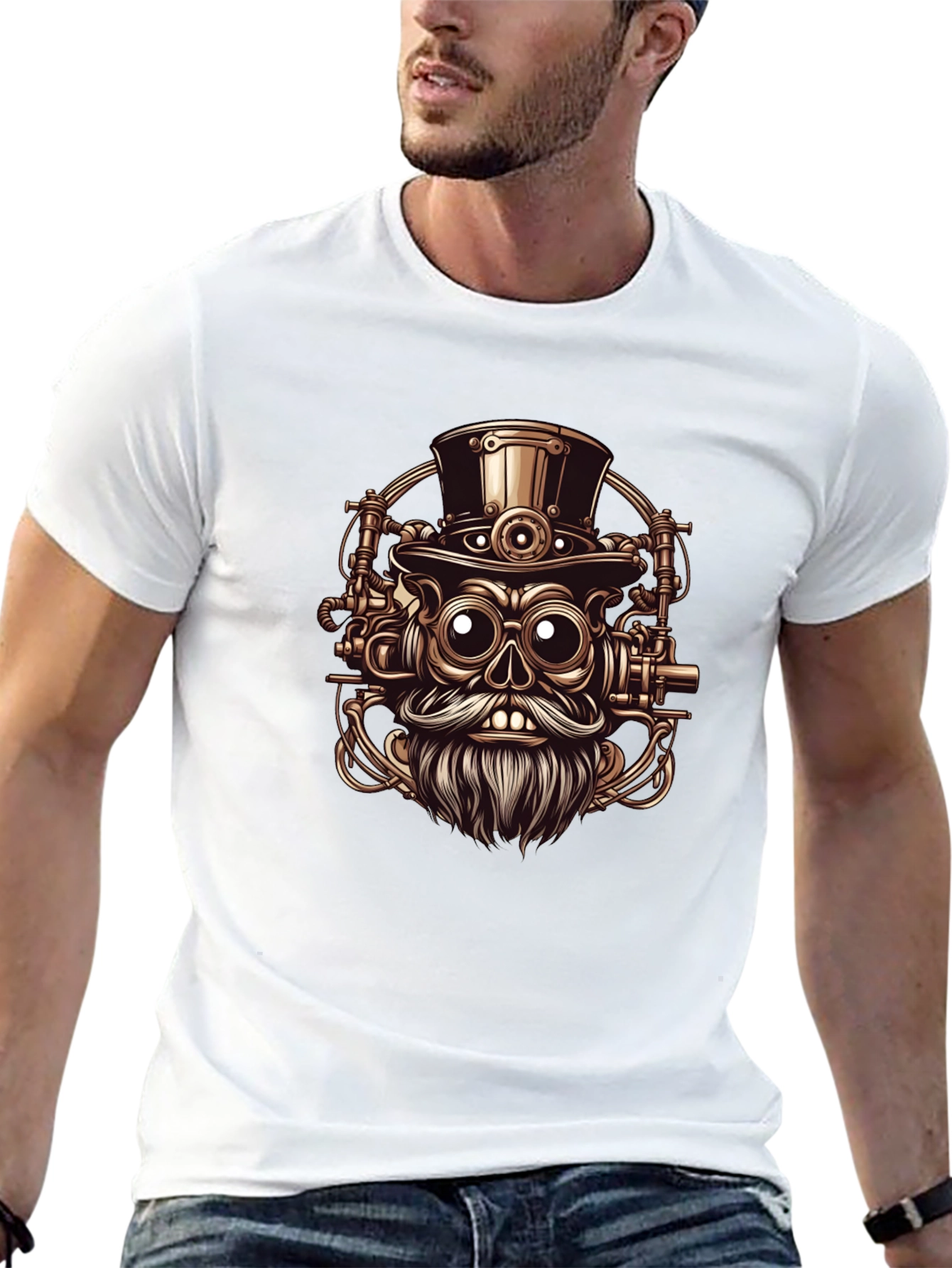 Steampunk Skull Graphic Tee - Black Cotton T-Shirt