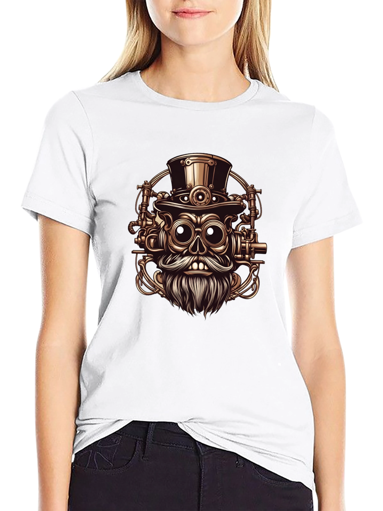 Steampunk Skull Graphic Tee - Black Cotton T-Shirt
