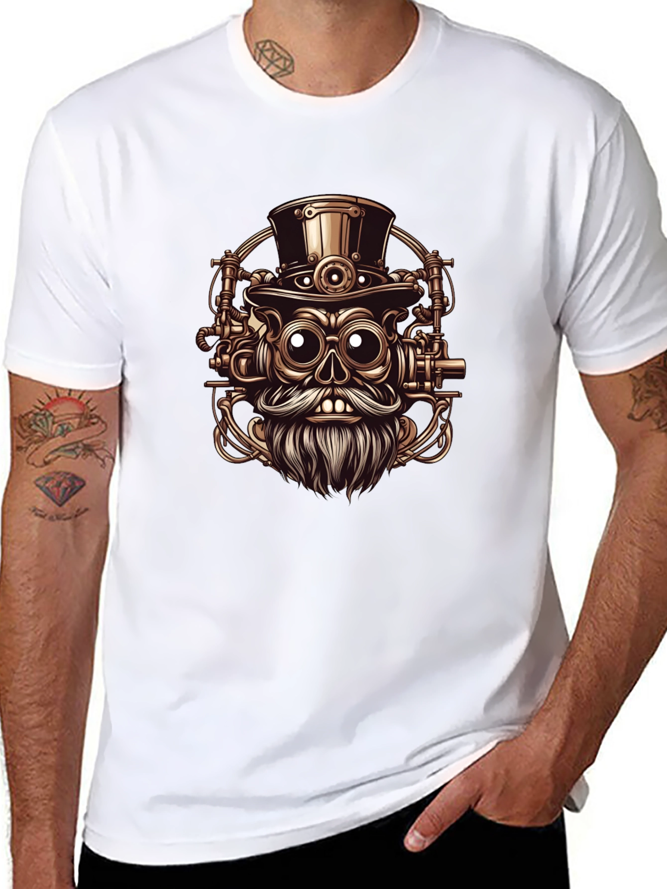 Steampunk Skull Graphic Tee - Black Cotton T-Shirt