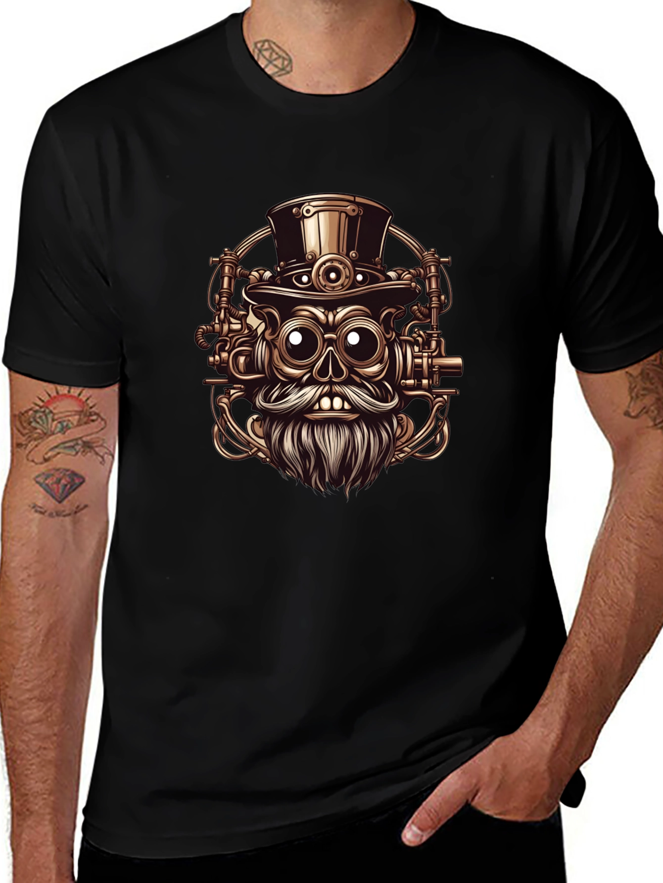 Steampunk Skull Graphic Tee - Black Cotton T-Shirt