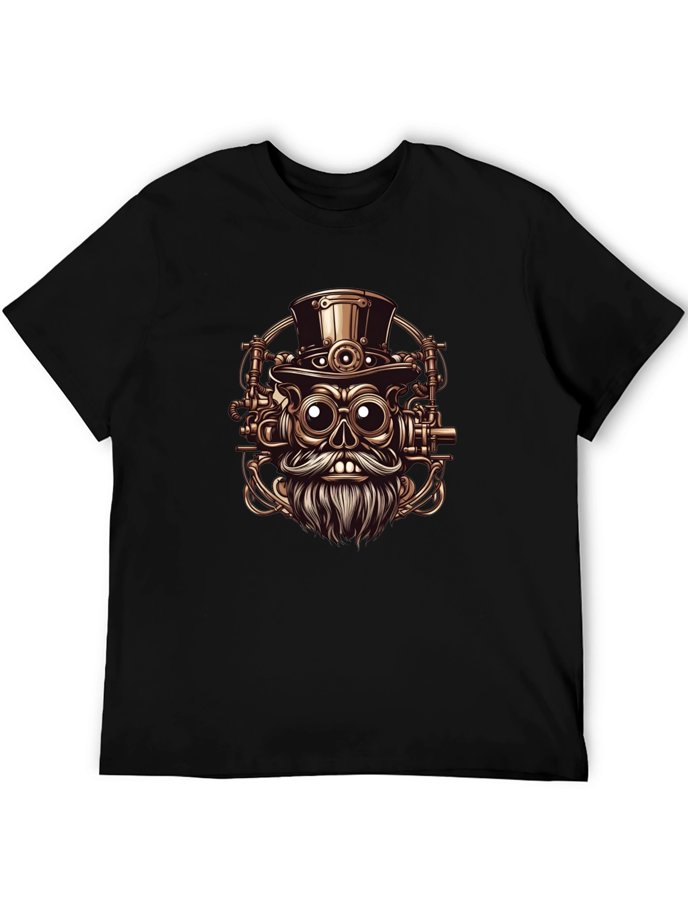 Steampunk Skull Graphic Tee - Black Cotton T-Shirt
