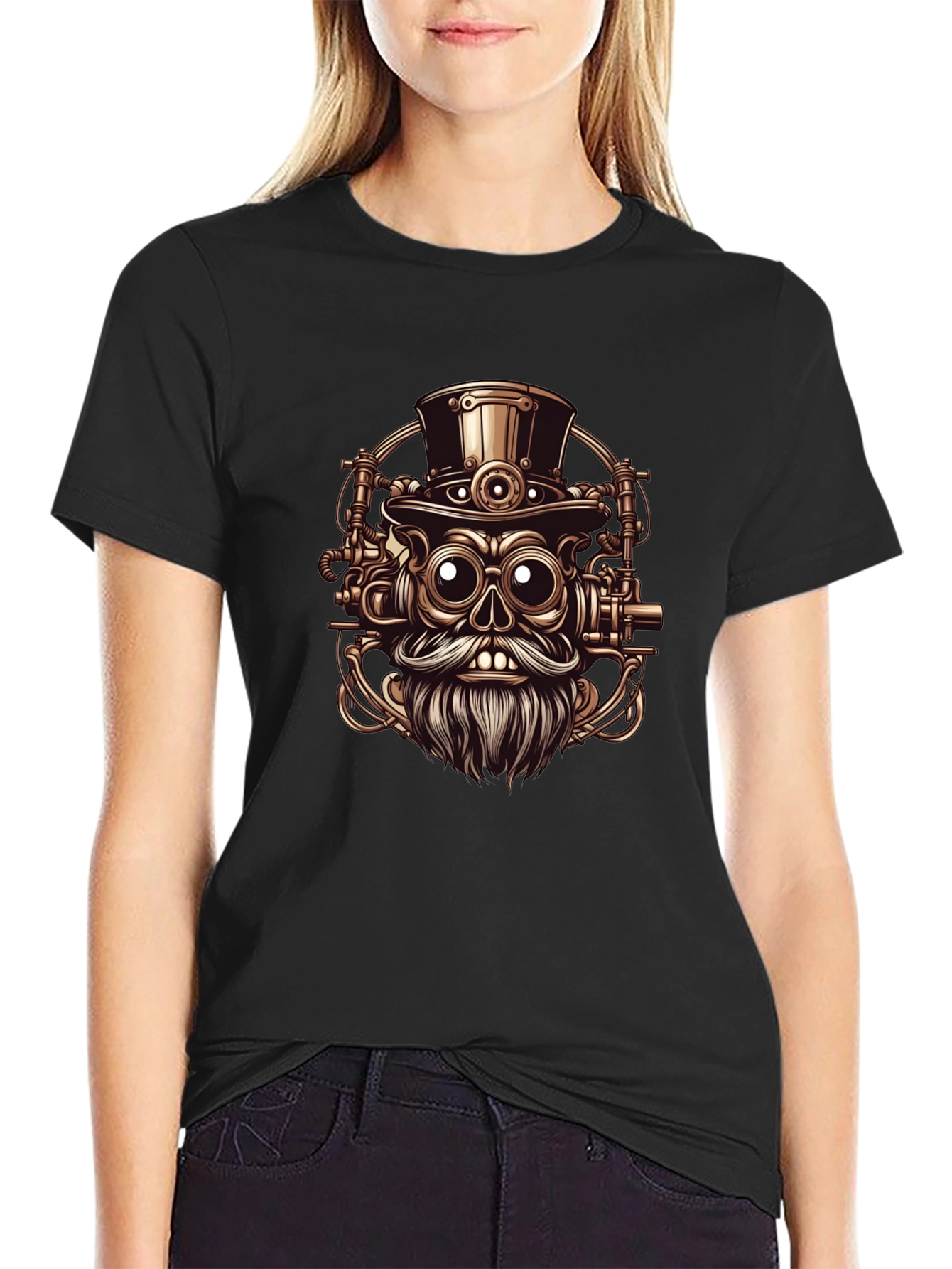 Steampunk Skull Graphic Tee - Black Cotton T-Shirt