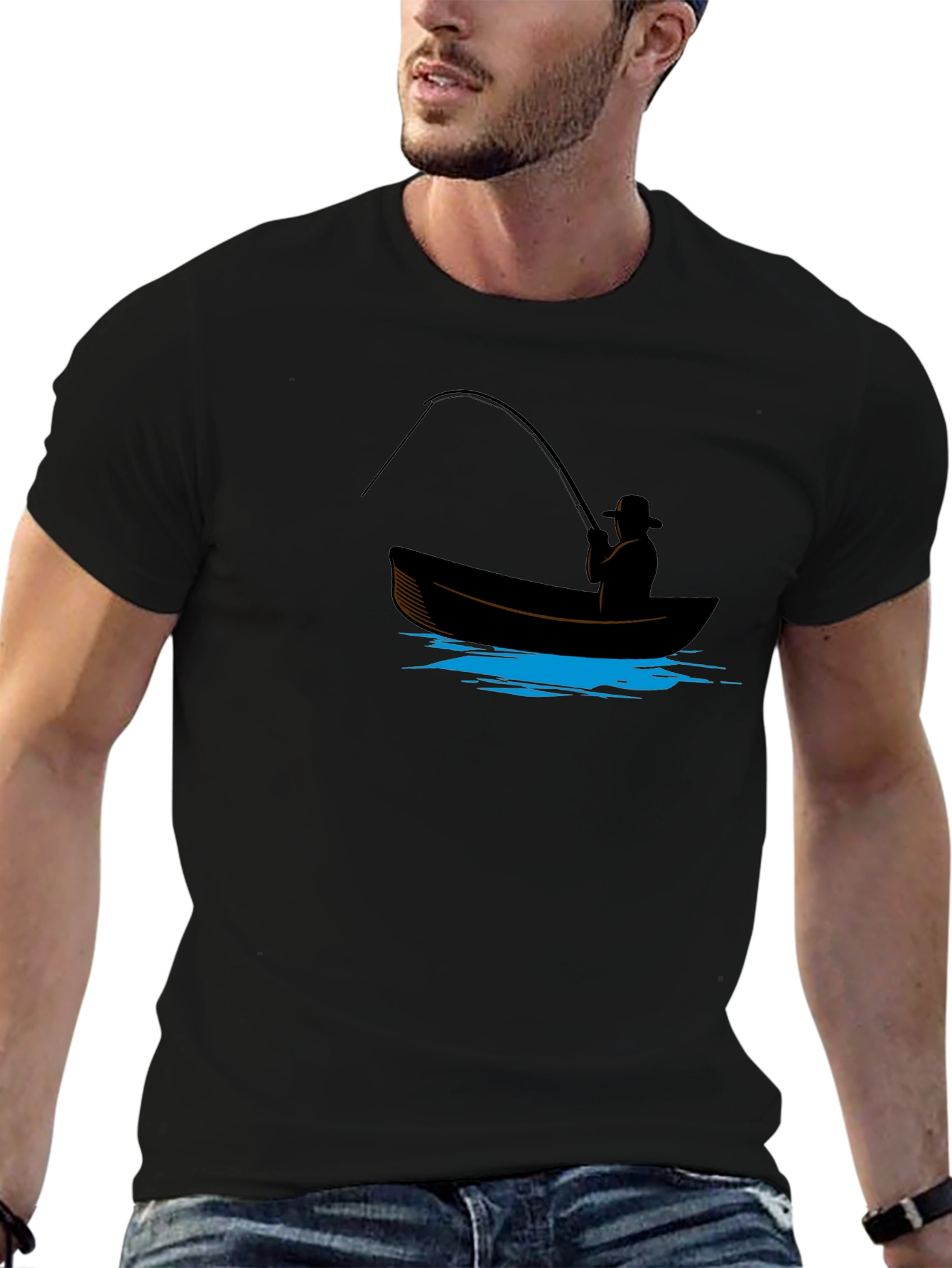 Fisherman Graphic Tee - Black Cotton Blend Shirt