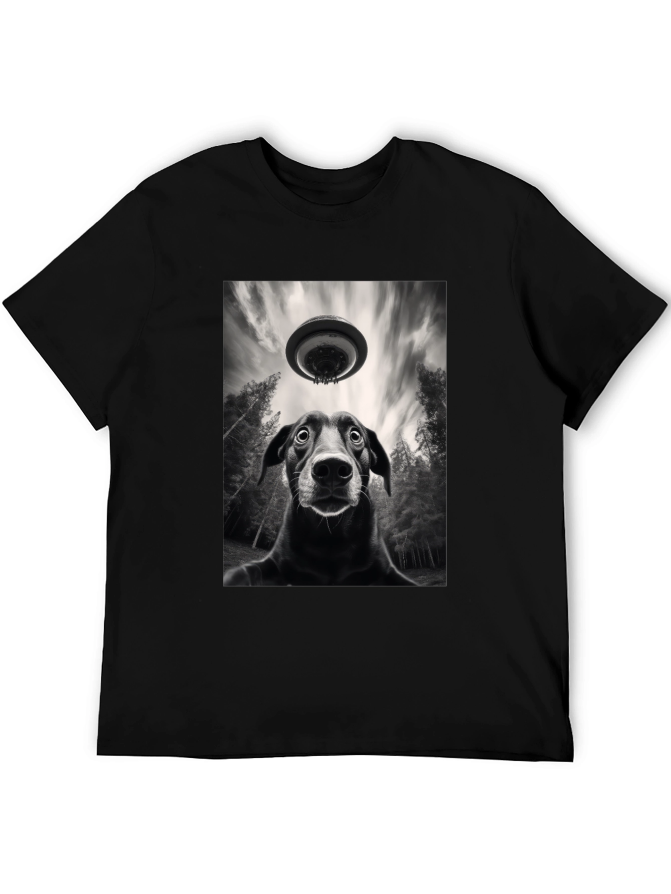 Dog UFO Graphic Tee - Black Cotton T-Shirt