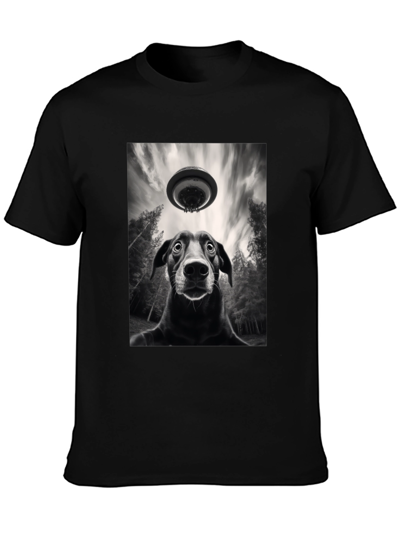 Dog UFO Graphic Tee - Black Cotton T-Shirt