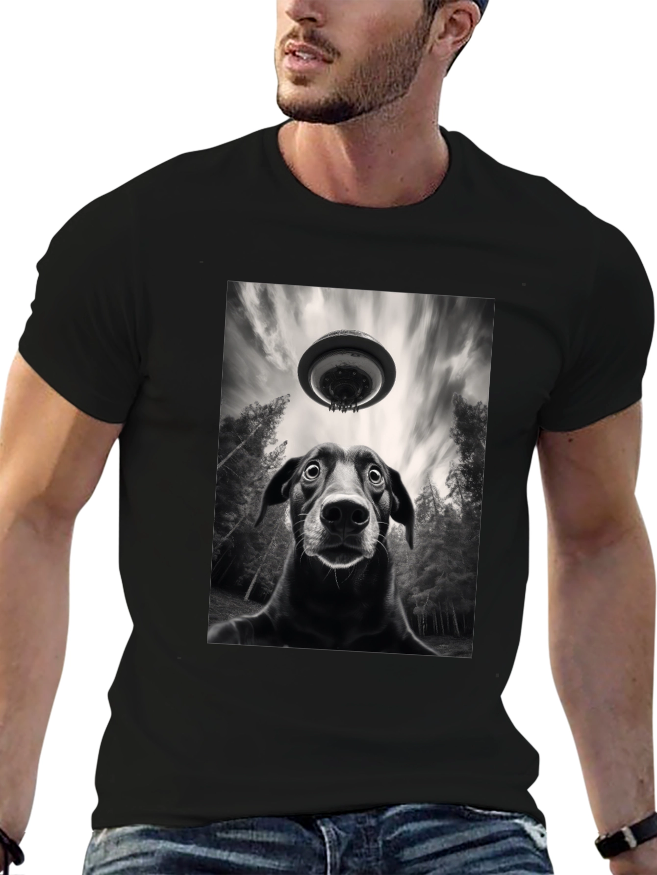 Dog UFO Graphic Tee - Black Cotton T-Shirt