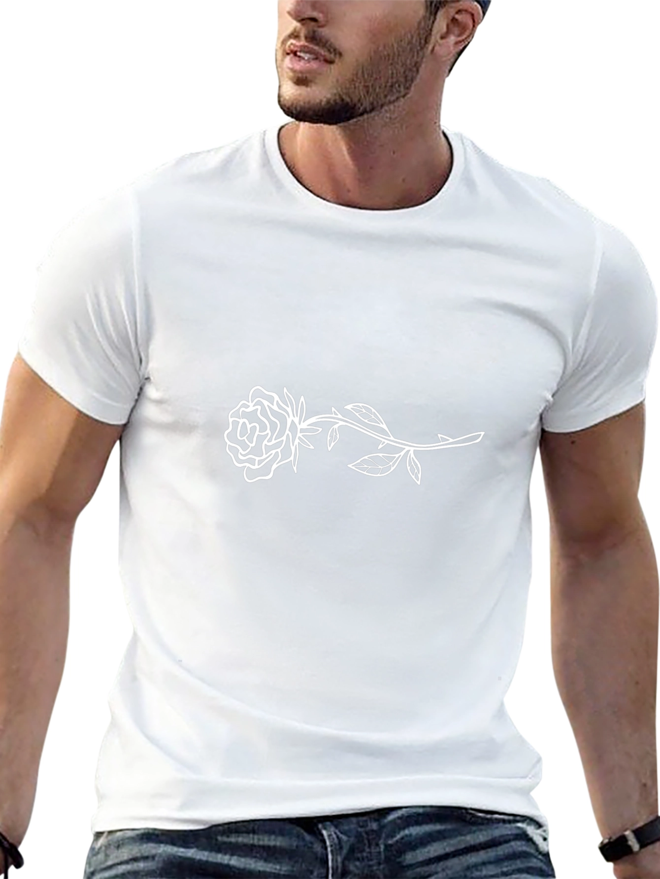Mens Black T-Shirt with White Rose Design