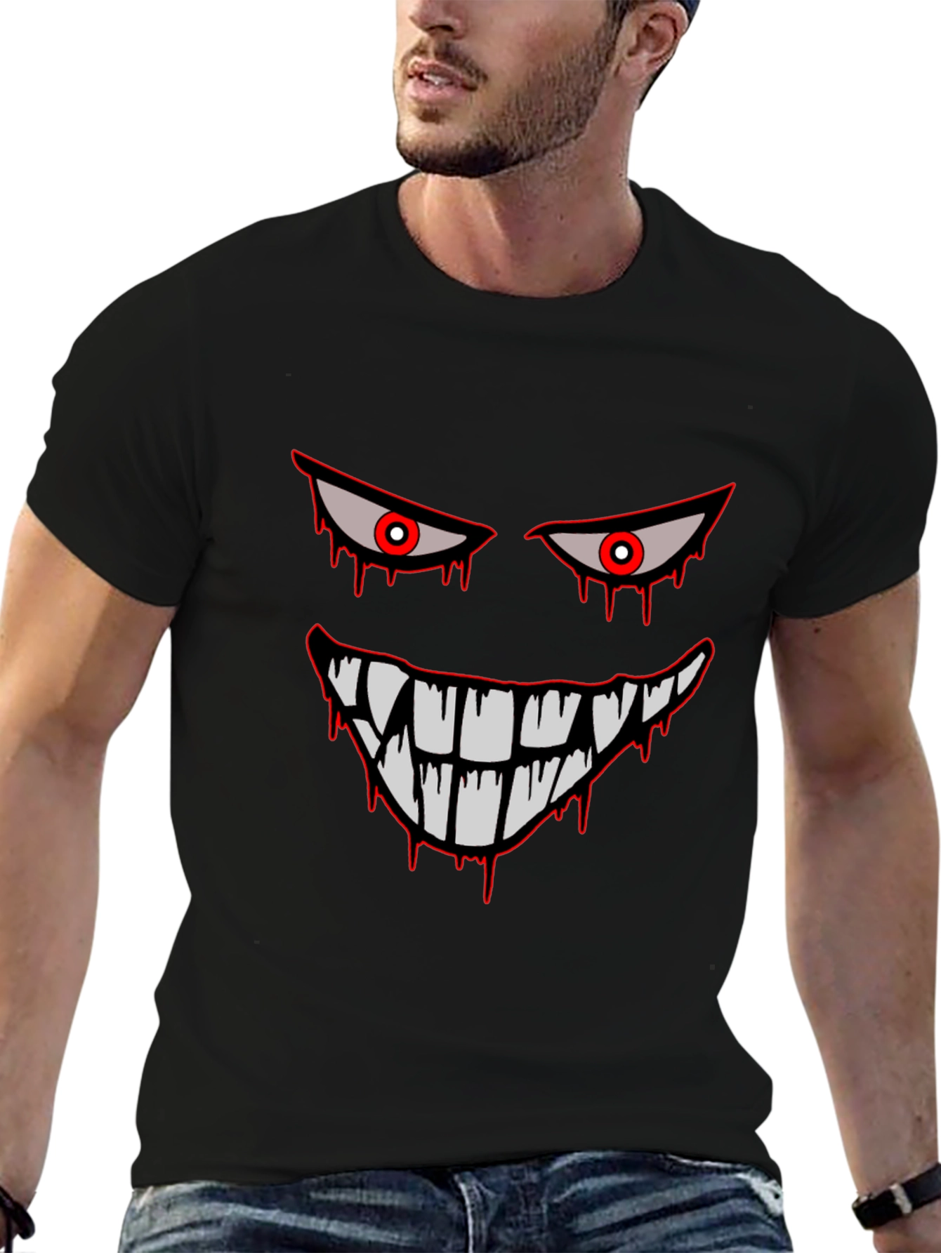 Mens Black Graphic Tee - Spooky Face Design