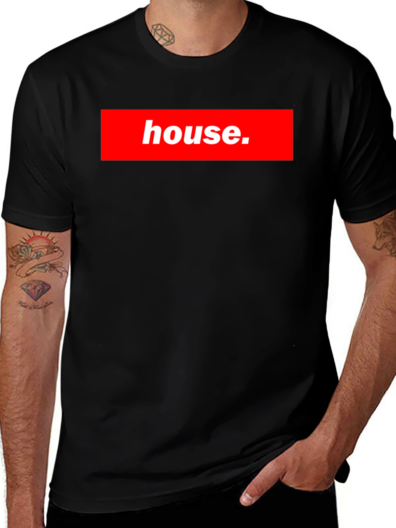 House Black T-Shirt Red Box Logo Style