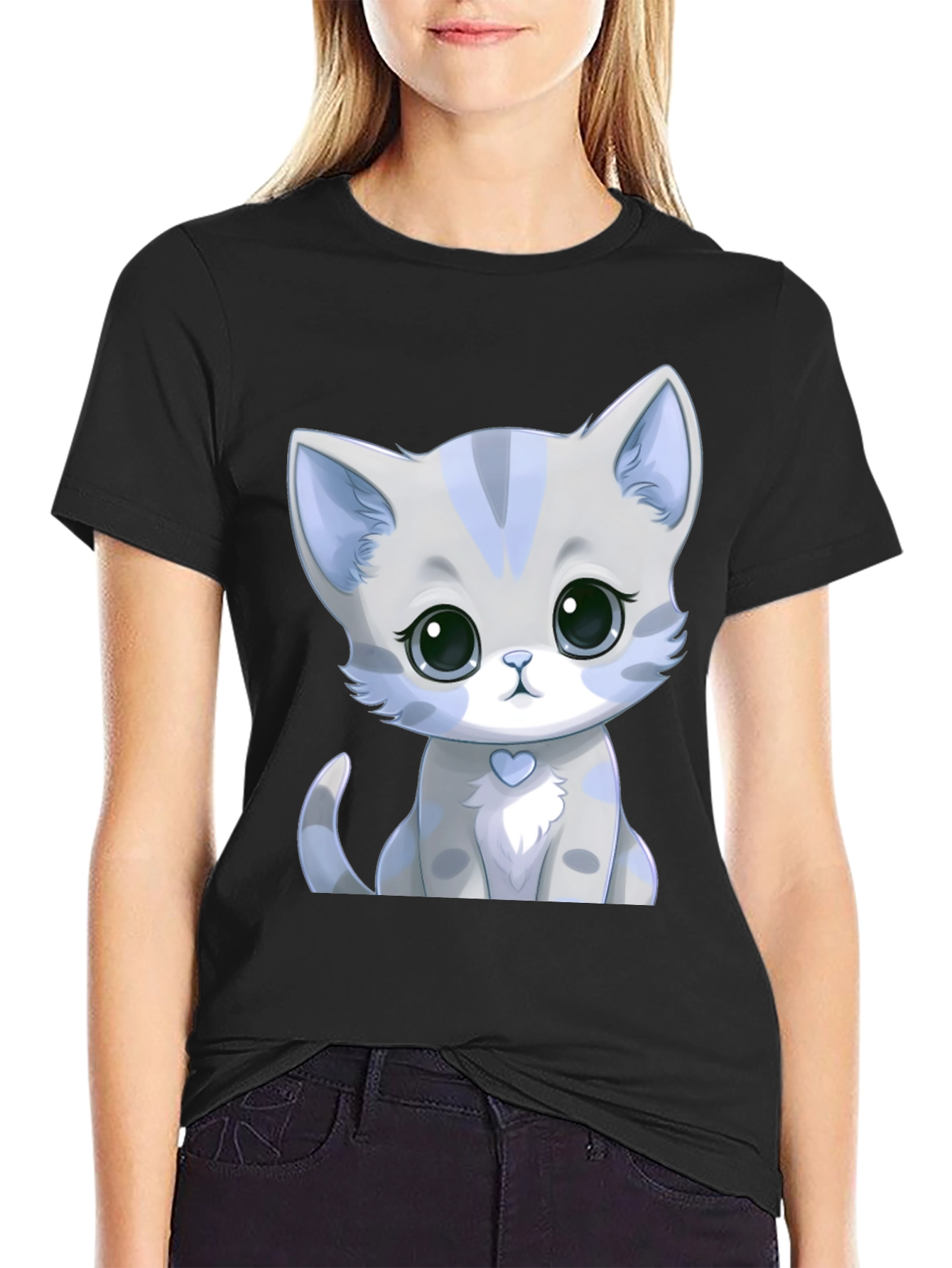 Cute Kitten Graphic Tee - Soft Style Black Shirt