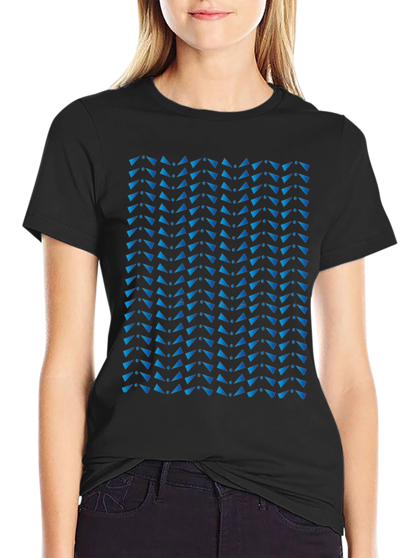 Stylish Black Tee with Blue Triangle Pattern