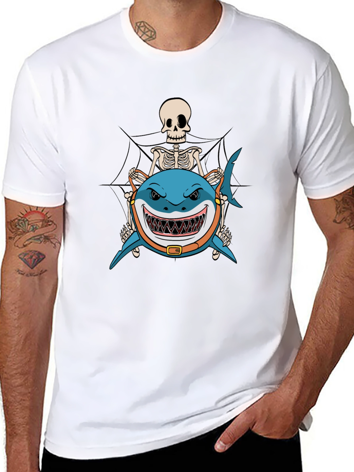 Skeleton Riding Shark Black T-Shirt