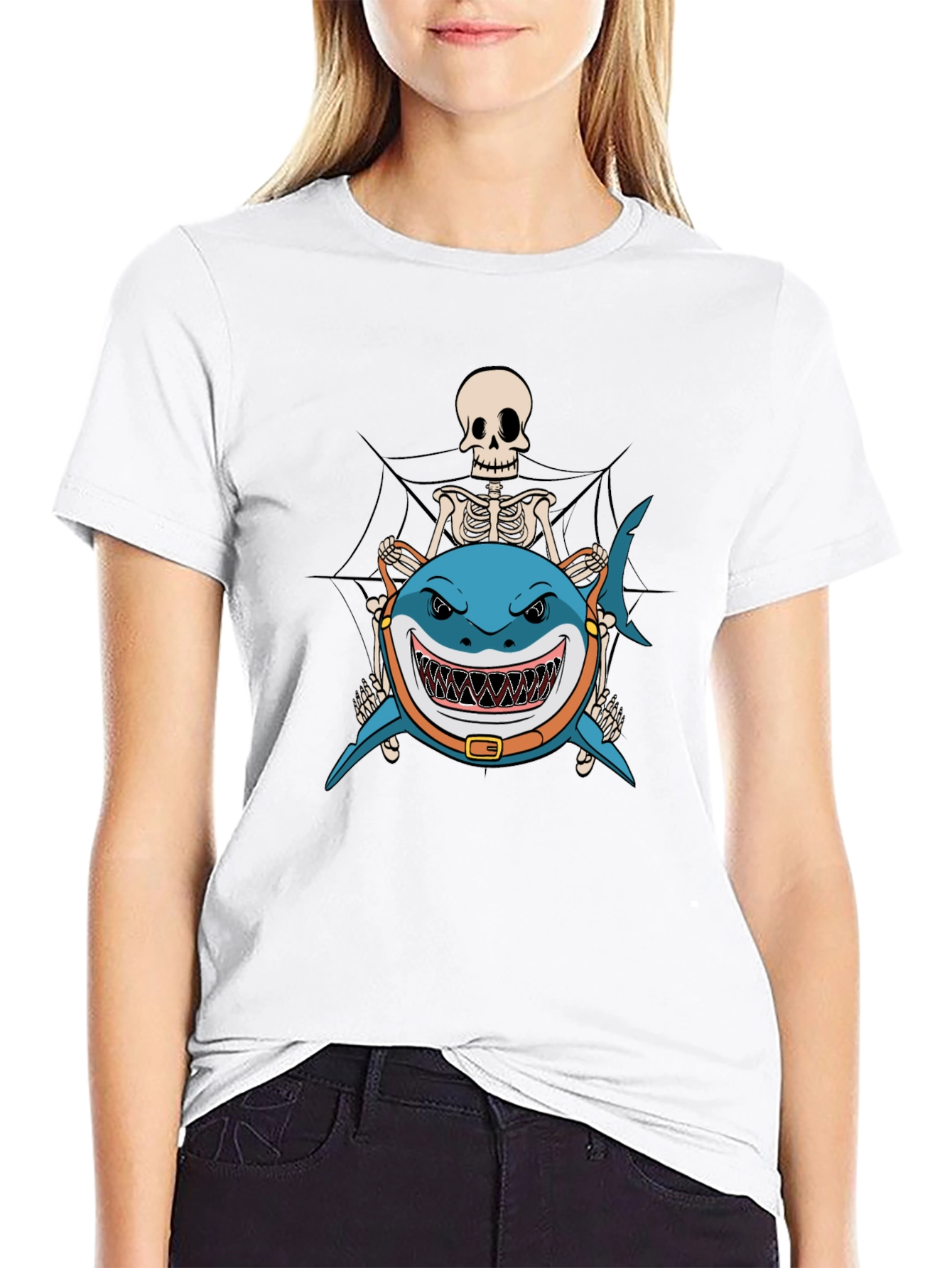 Skeleton Riding Shark Black T-Shirt
