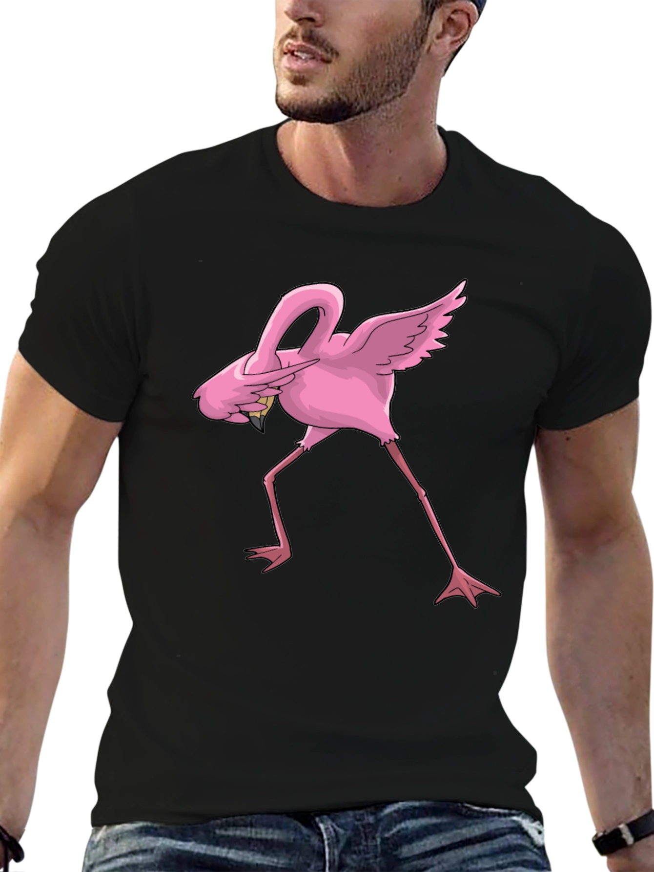 Dabbing Flamingo Graphic Tee - Black Cotton Blend