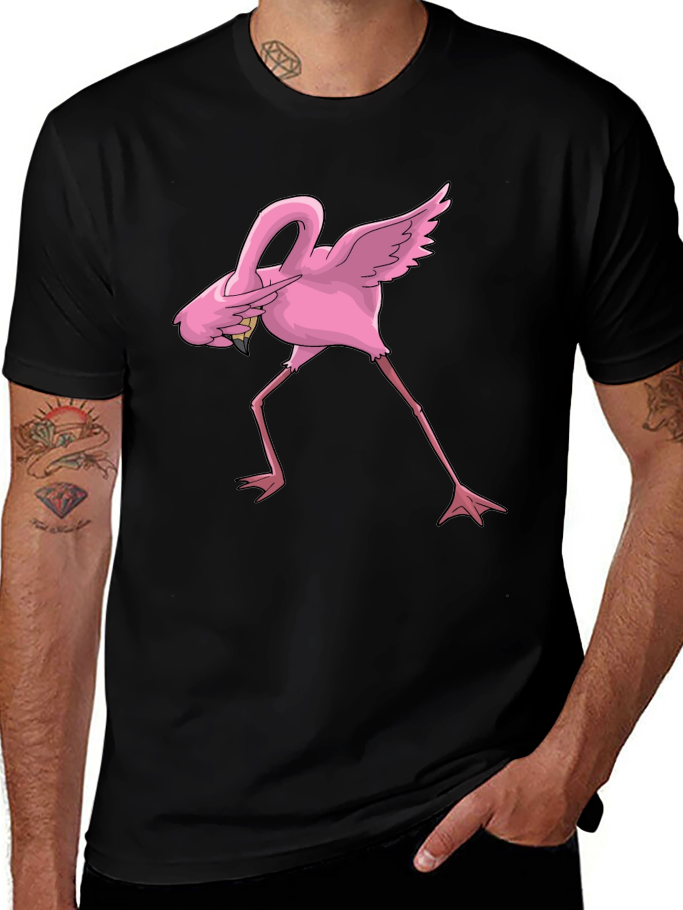 Dabbing Flamingo Graphic Tee - Black Cotton Blend