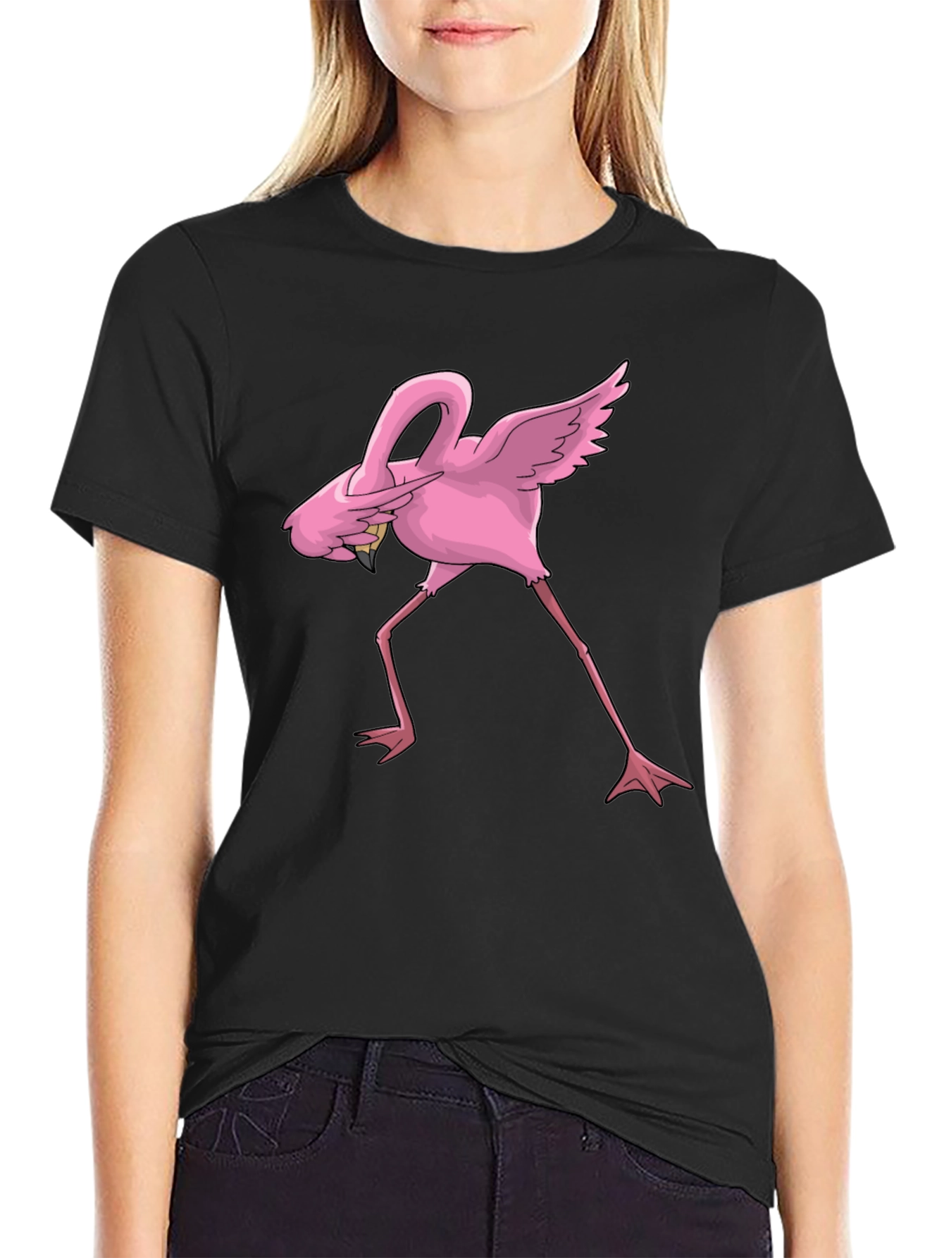 Dabbing Flamingo Graphic Tee - Black Cotton Blend