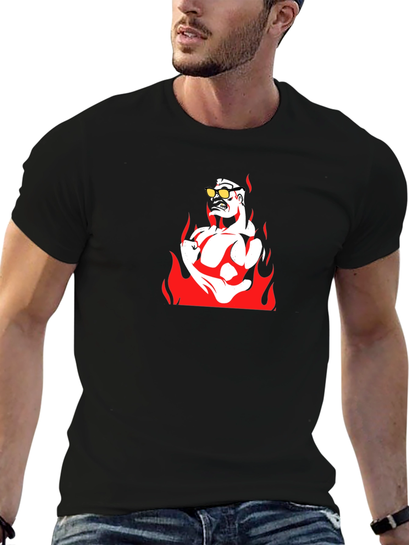 Fiery Muscle Man Graphic Tee - Black Cotton T-Shirt