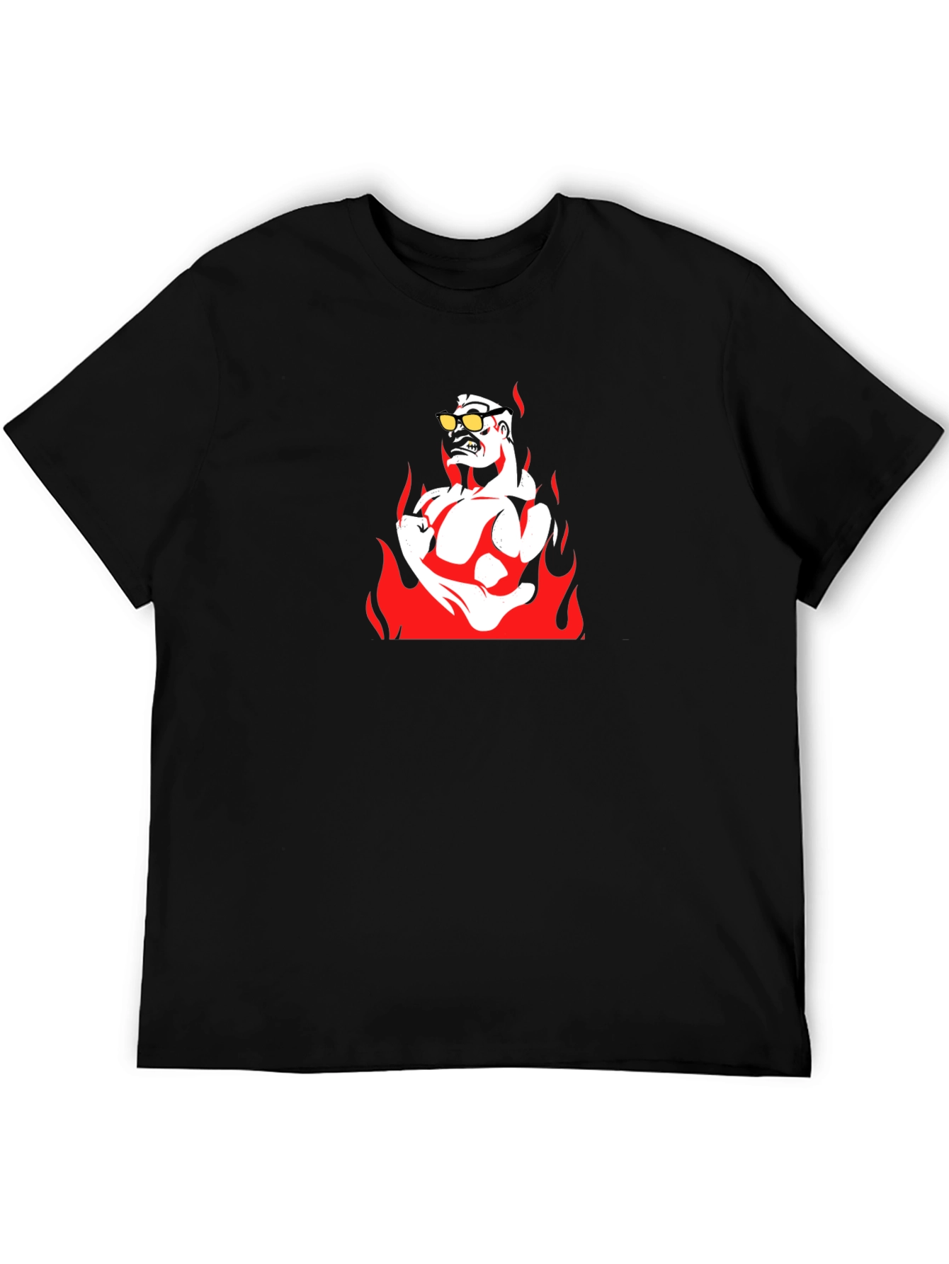 Fiery Muscle Man Graphic Tee - Black Cotton T-Shirt