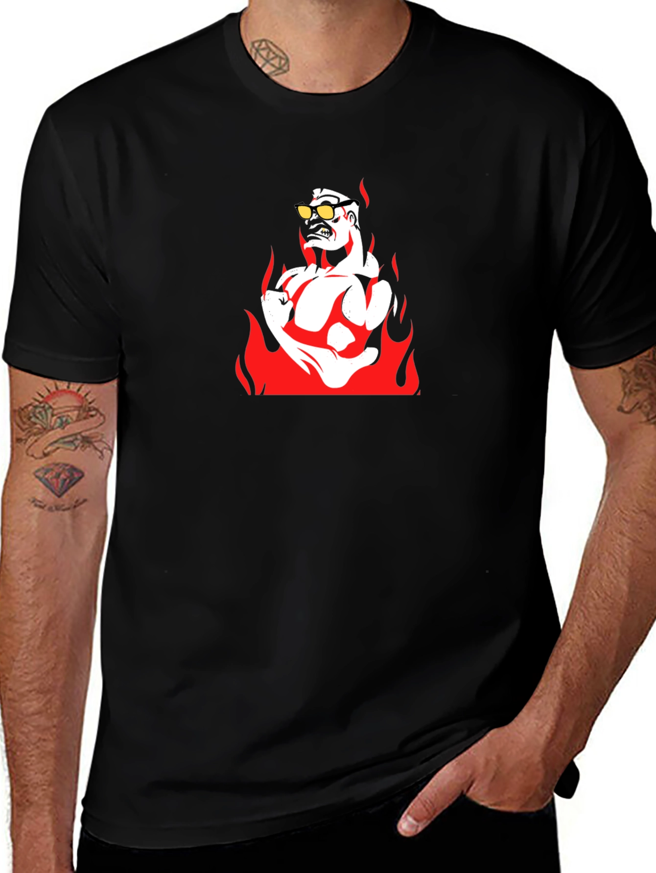 Fiery Muscle Man Graphic Tee - Black Cotton T-Shirt