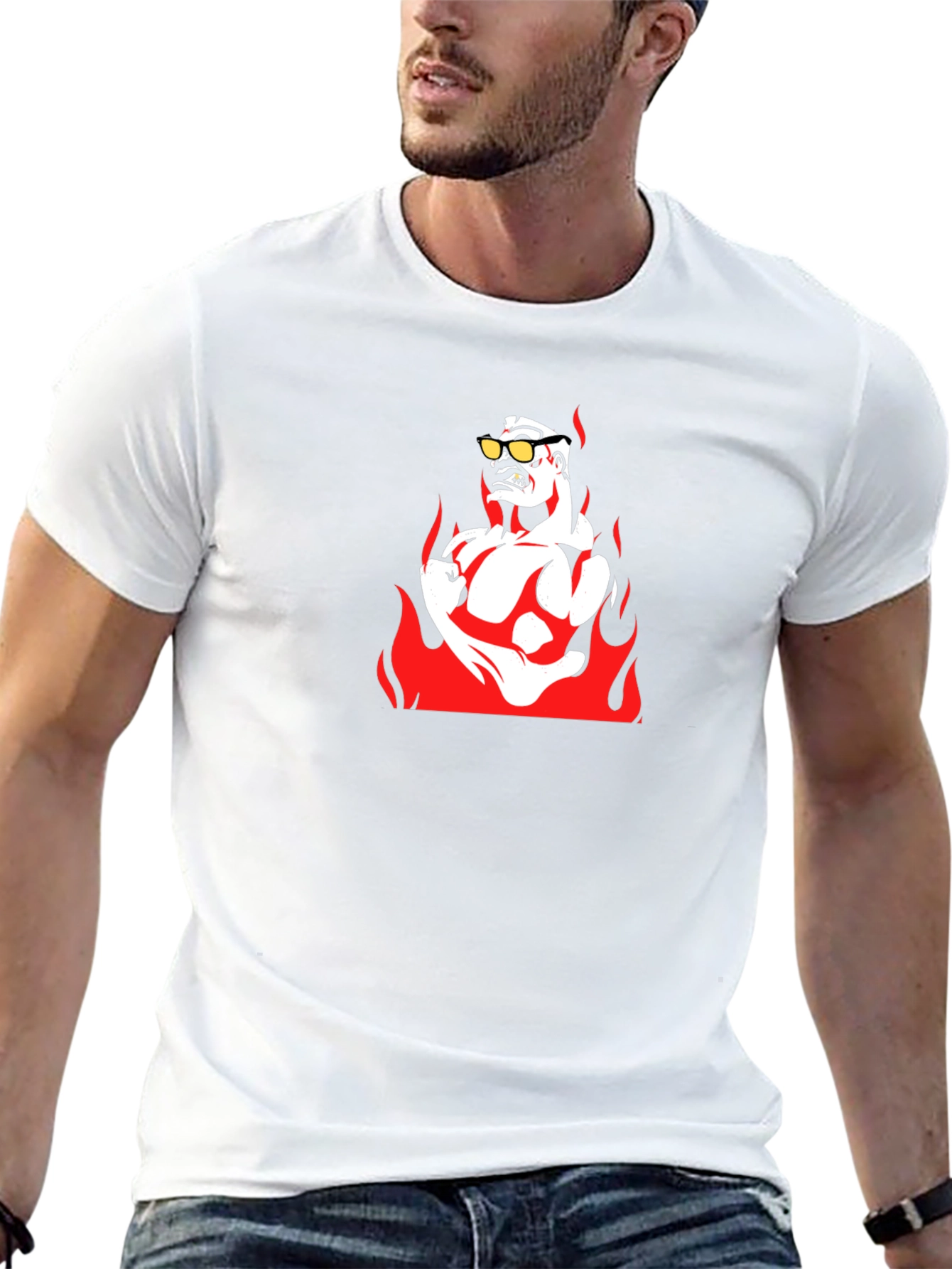 Fiery Muscle Man Graphic Tee - Black Cotton T-Shirt