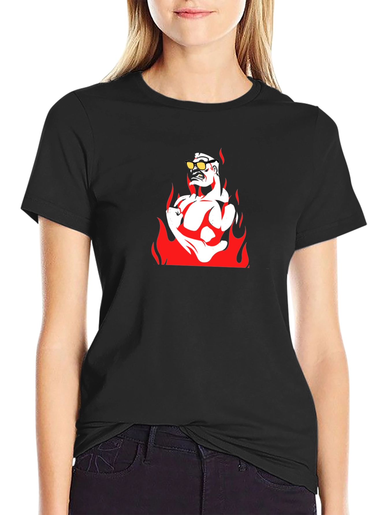 Fiery Muscle Man Graphic Tee - Black Cotton T-Shirt