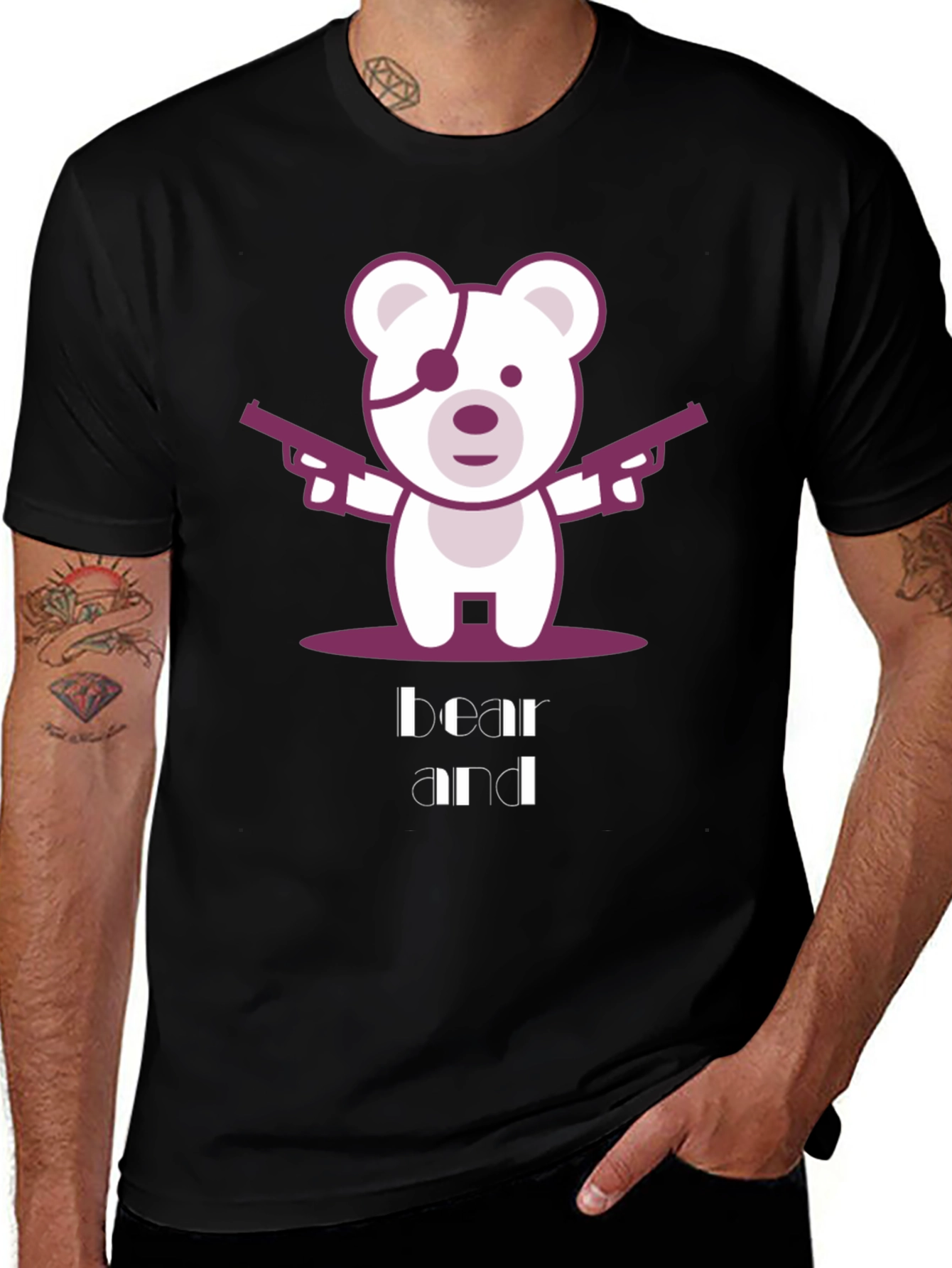Bear and Guns Graphic Tee - Black Cotton T-Shirt